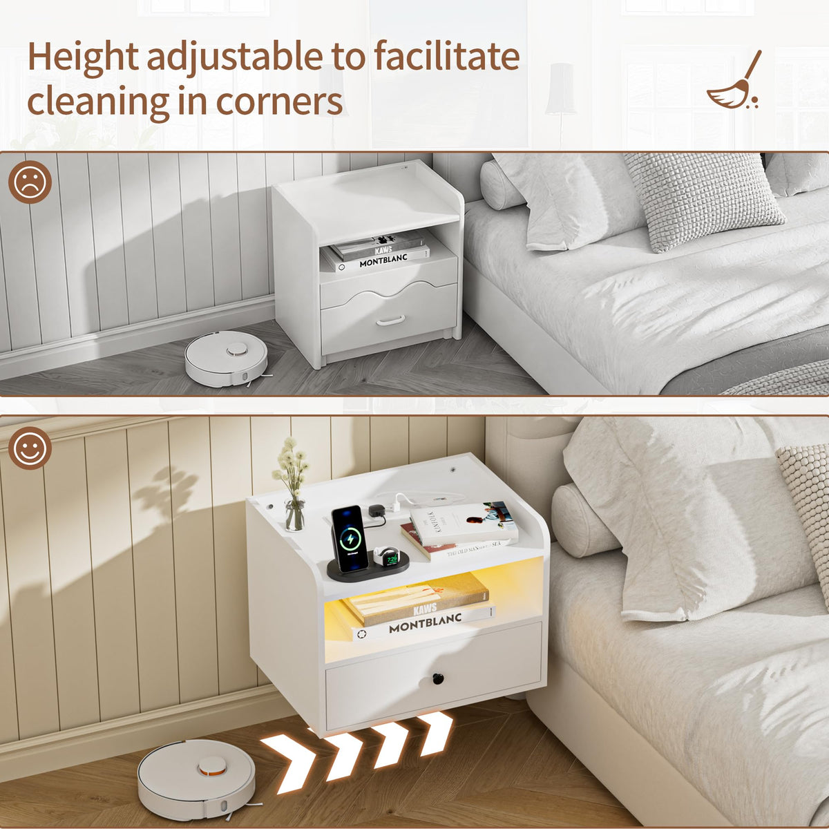 BonVache Set of 2 Floating Bedside Tables, Multi-Function Adjustable Lighting and Charging Station, Floating nightstand with Open Shelf and Drawer