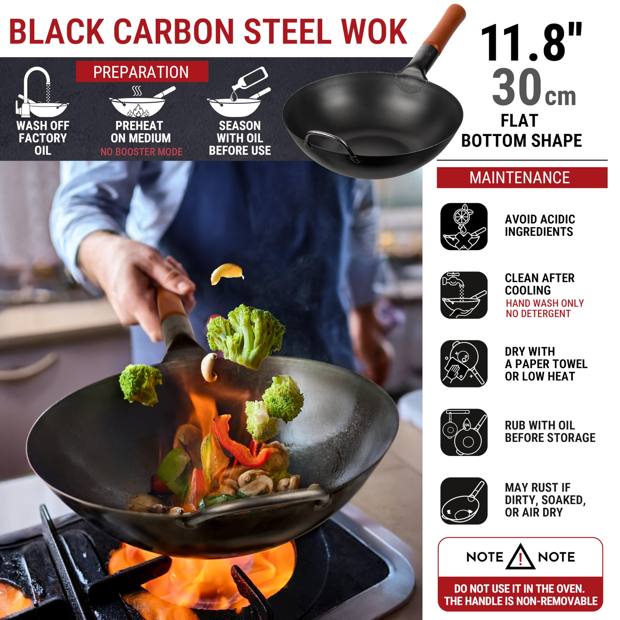 Yosukata 30 cm Carbon Steel Wok Pan – Pre-Seasoned Flat Bottom Pow Wok