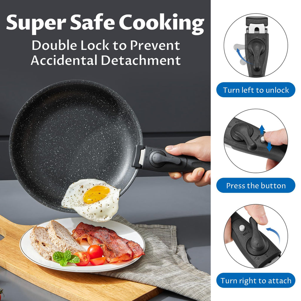 BEZIA 10-Piece Nonstick Cookware Set | Stackable Pans with Detachable Handles