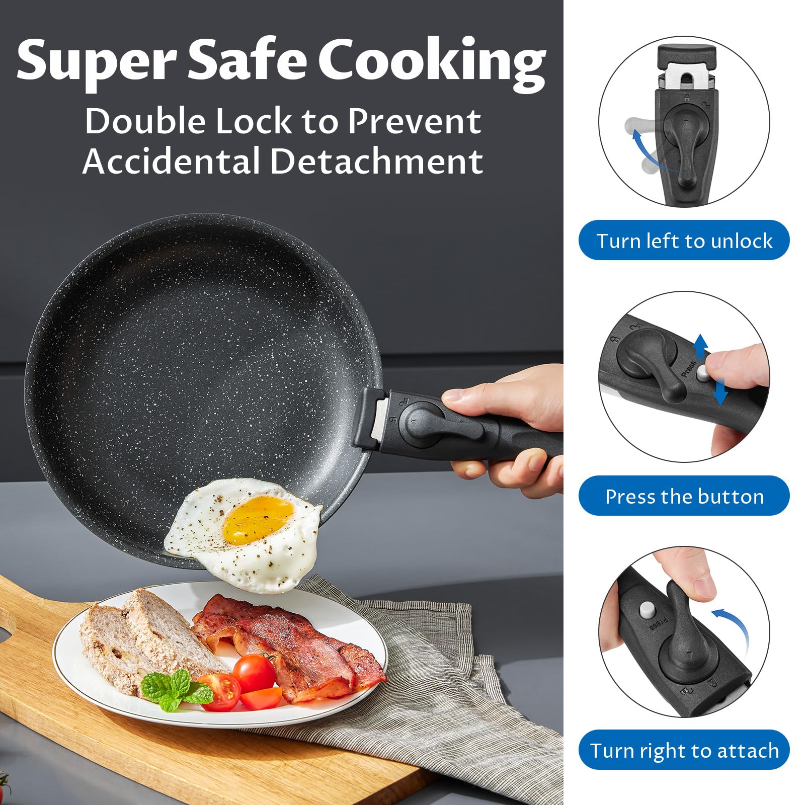 BEZIA 10-Piece Nonstick Cookware Set | Stackable Pans with Detachable Handles