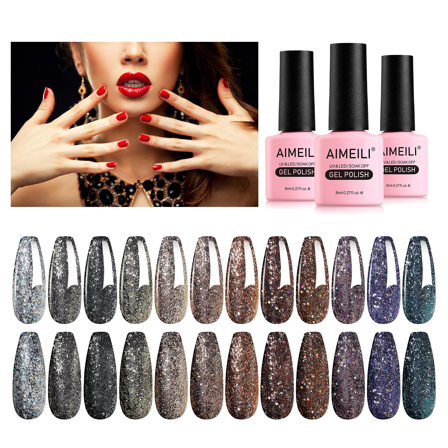 AIMEILI 12 Colors Christmas Glitter Gel Nail Polish Set - Soak Off UV LED