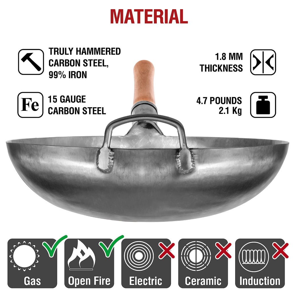 Yosukata 36cm Round Bottom Wok – Hand Hammered Carbon Steel Pow Pan