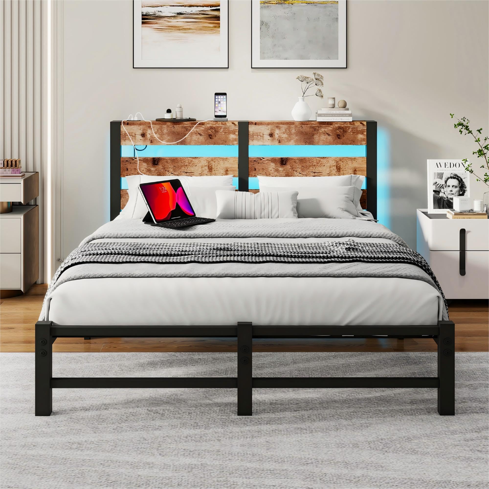 HOMERECOMMEND King Size LED Bed Frame with Storage Headboard and USB
