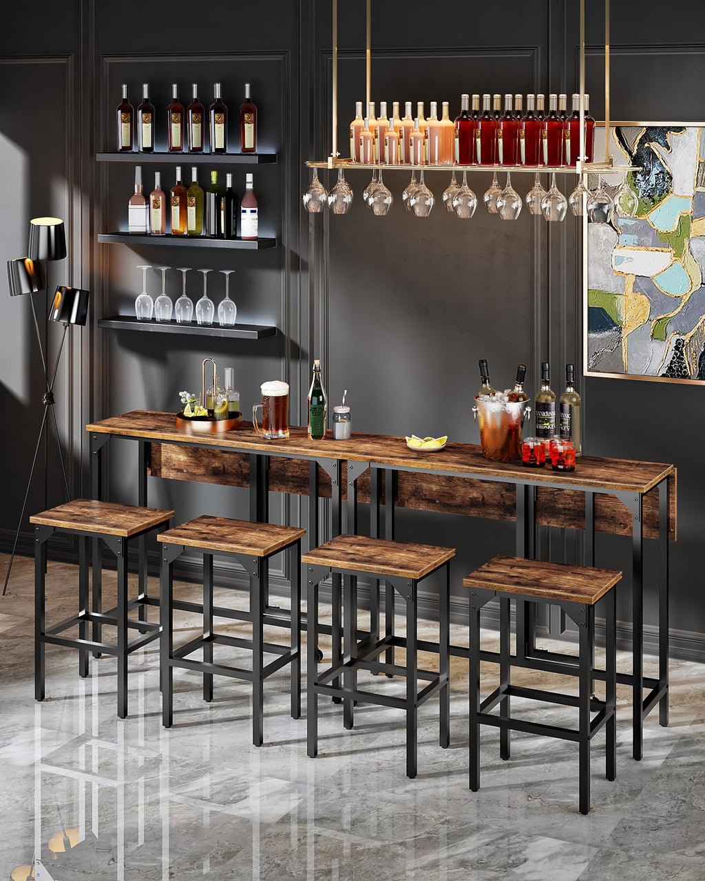 CHOEZON Breakfast Bar Table with 2 Bar Stools, 100 cm Folding Dining Table with 2 Stools, Dining Table Set, Industrial Steel Frame, for Restaurant - image 2