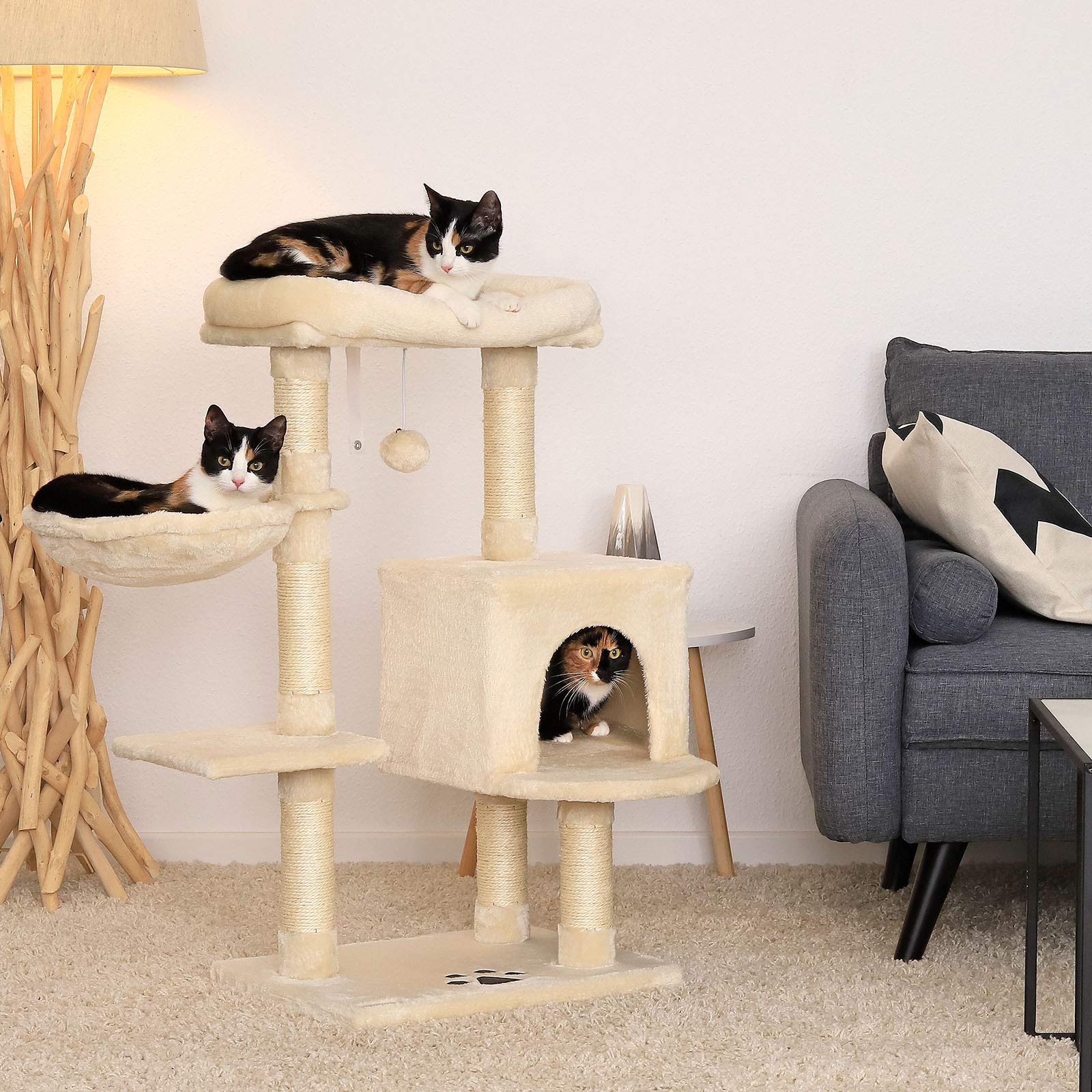 lionto Cat Scratching Post with Sisal, Cave & Plush Ball – 93 cm