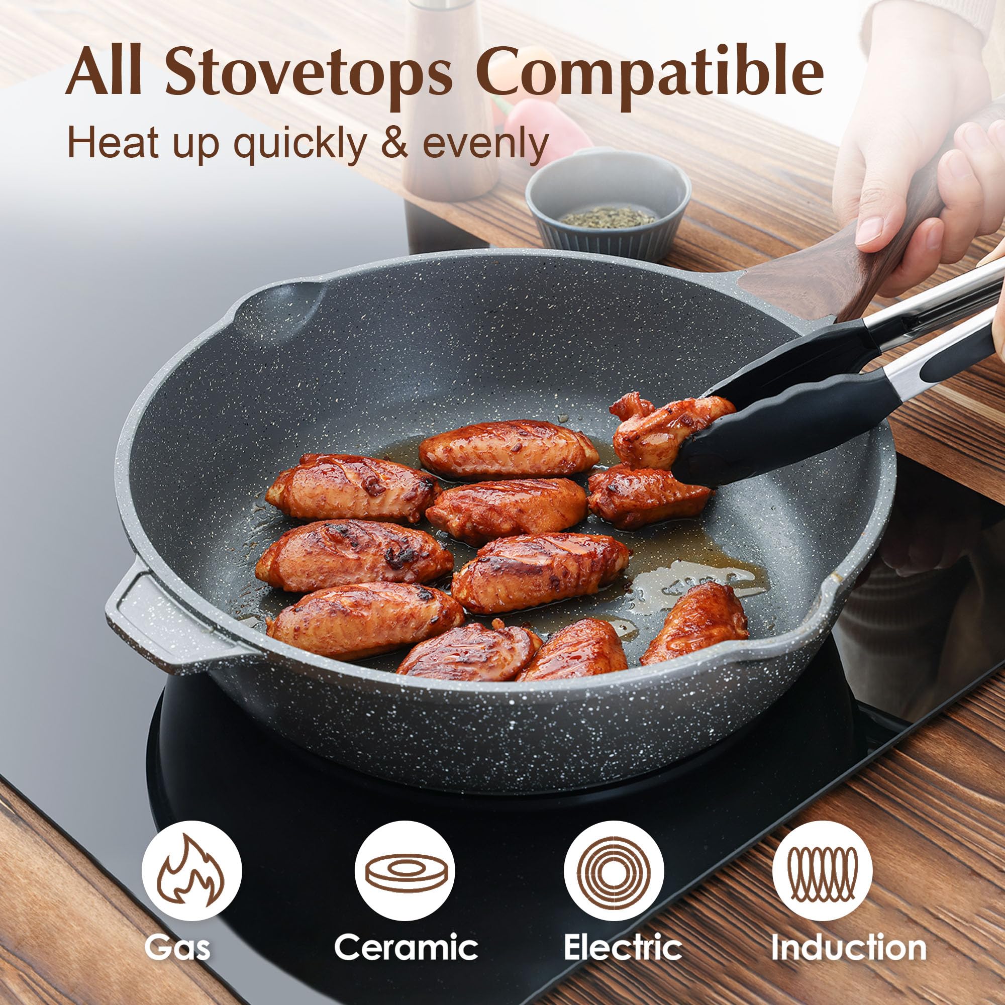 Sensarte Nonstick Deep Frying Pan | 28cm Granite Saute Pan with Glass Lid