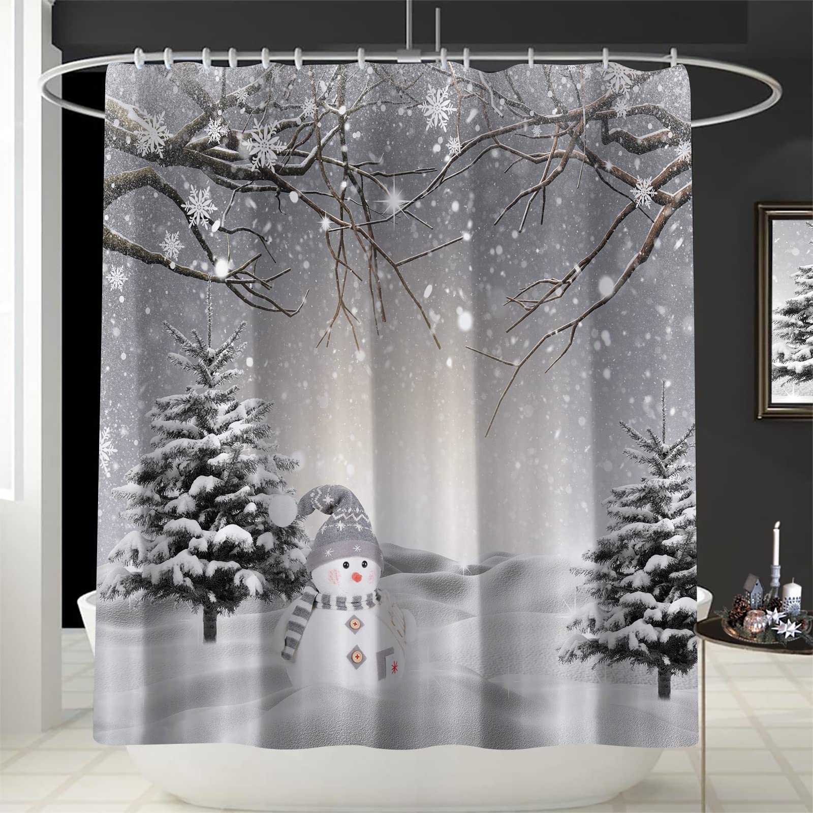 Jolof Store Christmas Snowman Shower Curtain | Winter Pine Tree Fabric