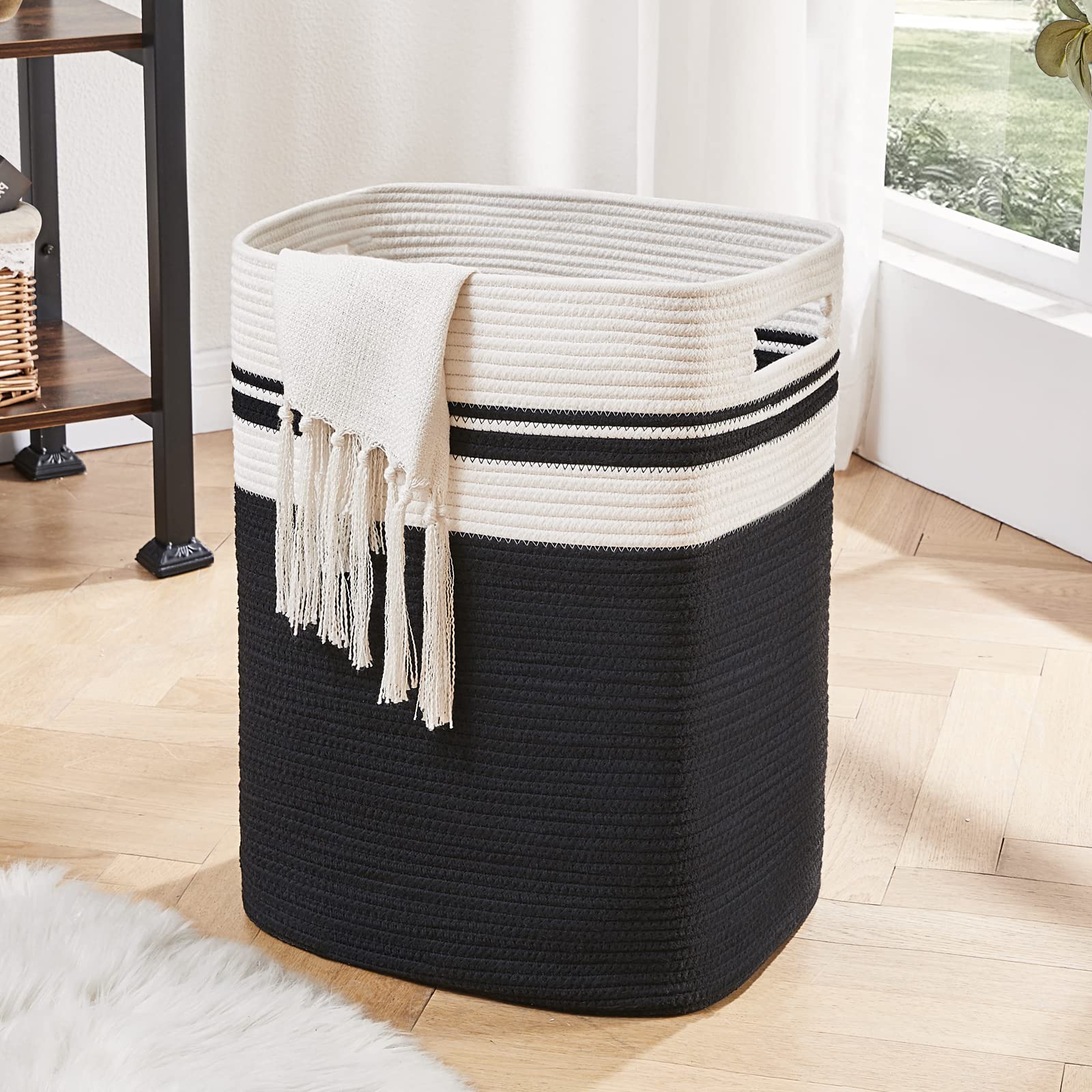 OIAHOMY Tall Cotton Laundry Hamper | Large Woven Storage Basket - Black