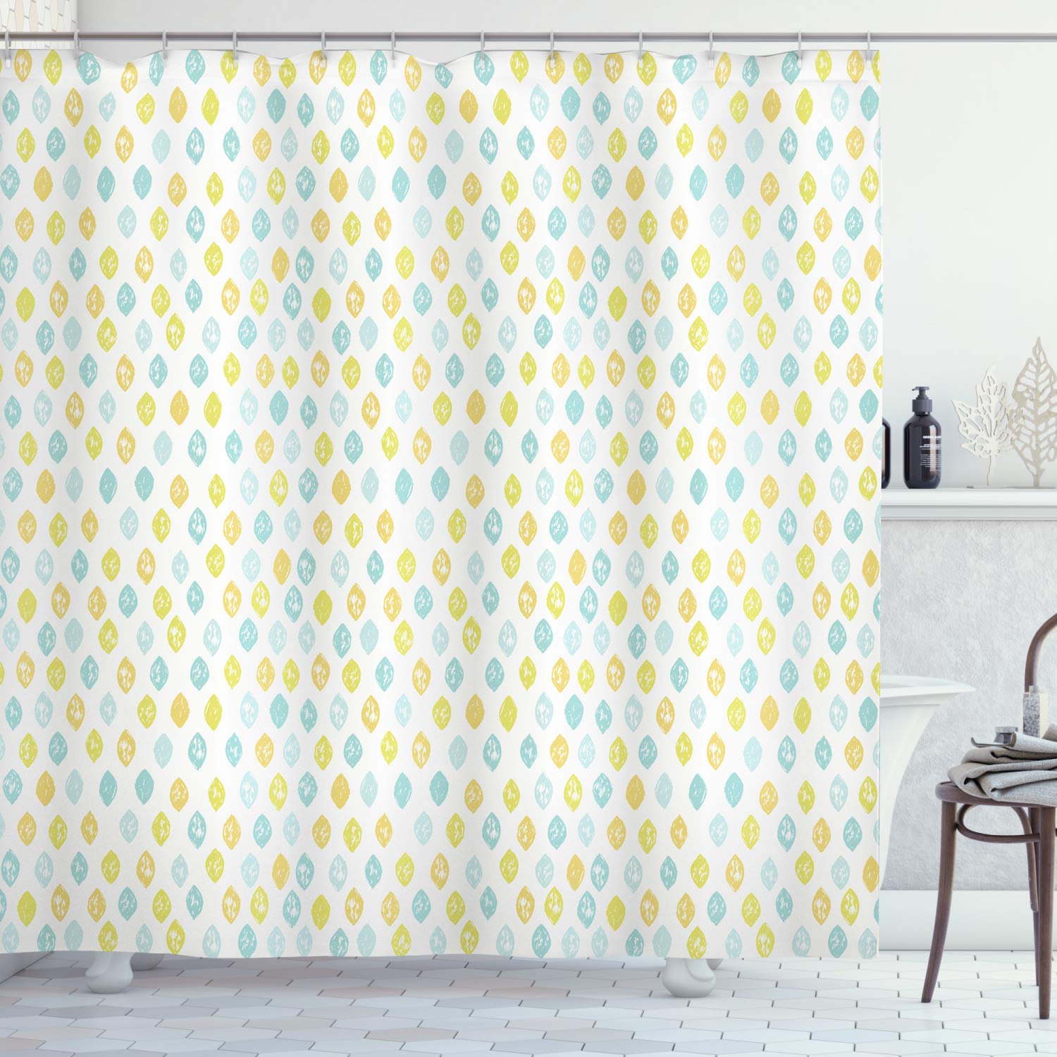 ABAKUHAUS Abstract Shower Curtain – Yellow & Blue Waterproof Fabric, 69x78"