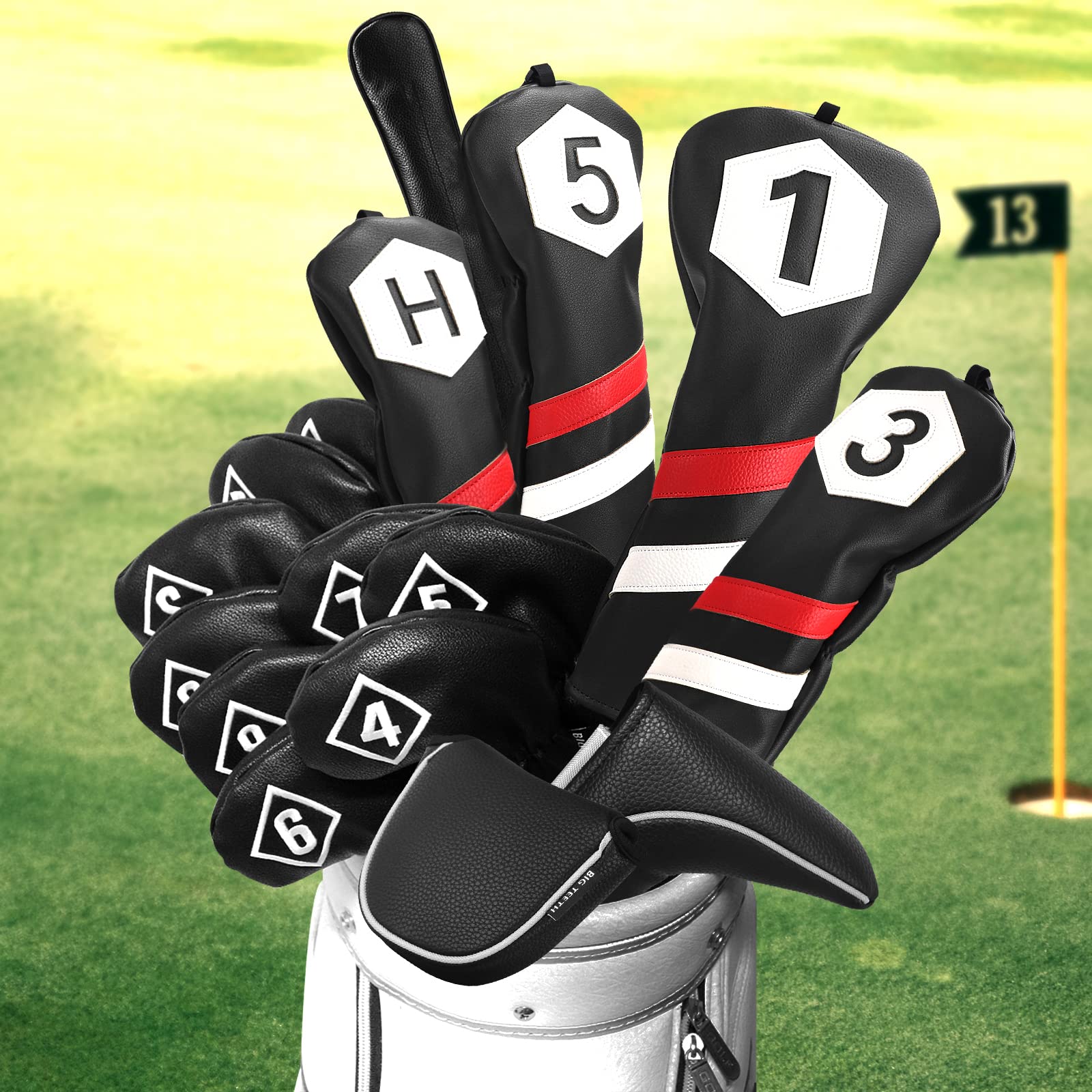 Big Teeth Golf Iron Head Covers - 10Pc Black PU Leather Club Protectors