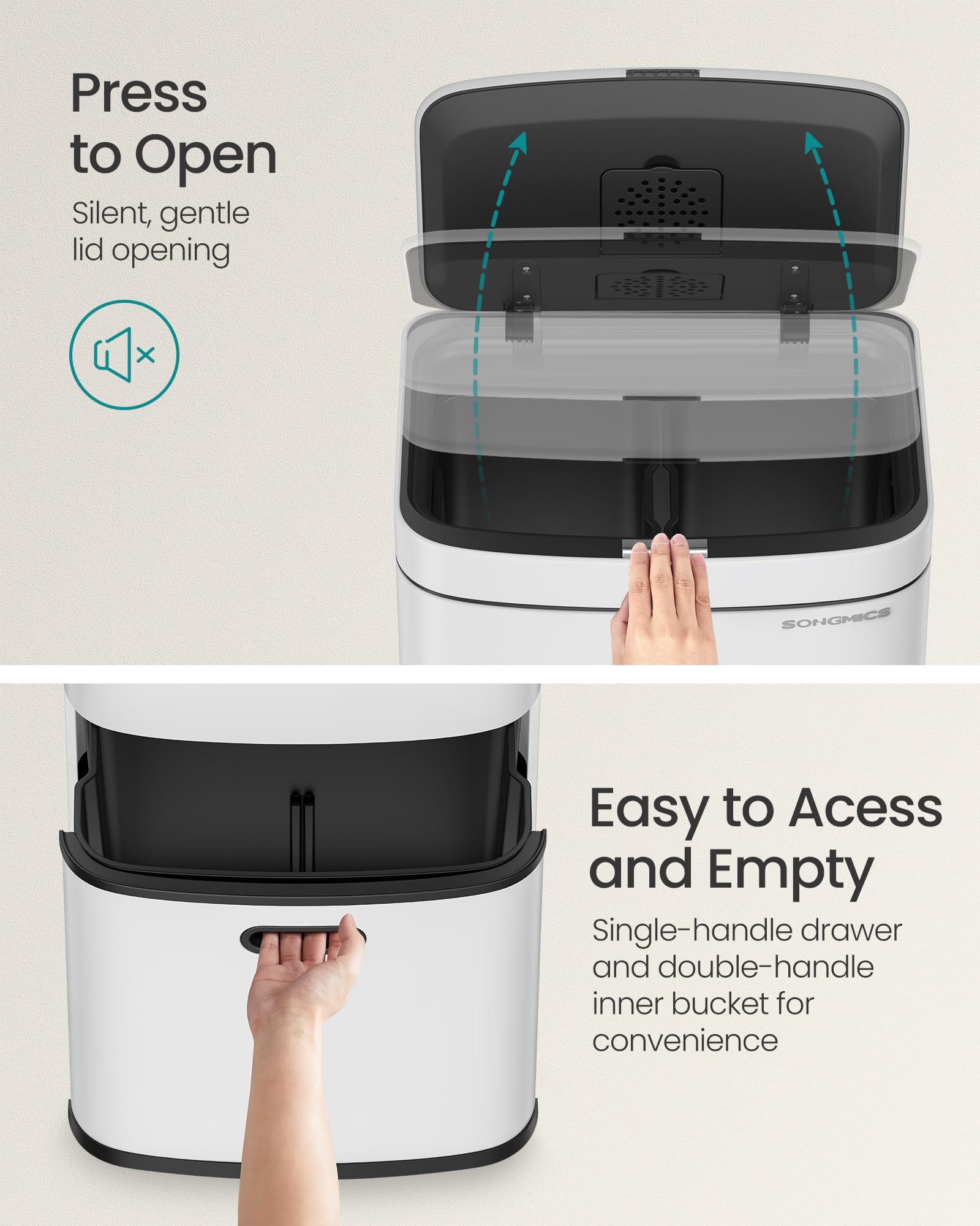 SONGMICS 3-Compartment Kitchen Bin | 50L Steel Recycling Bin with Filter
