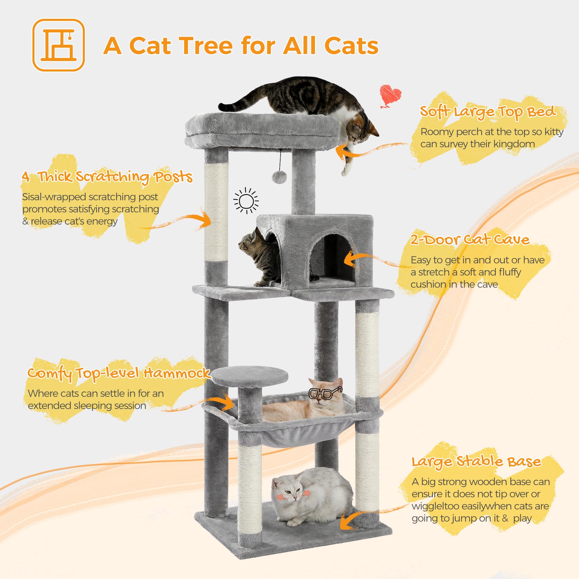 PAWZ Road 56" Multi-Level Cat Tree with Large Hammock & House - Grey