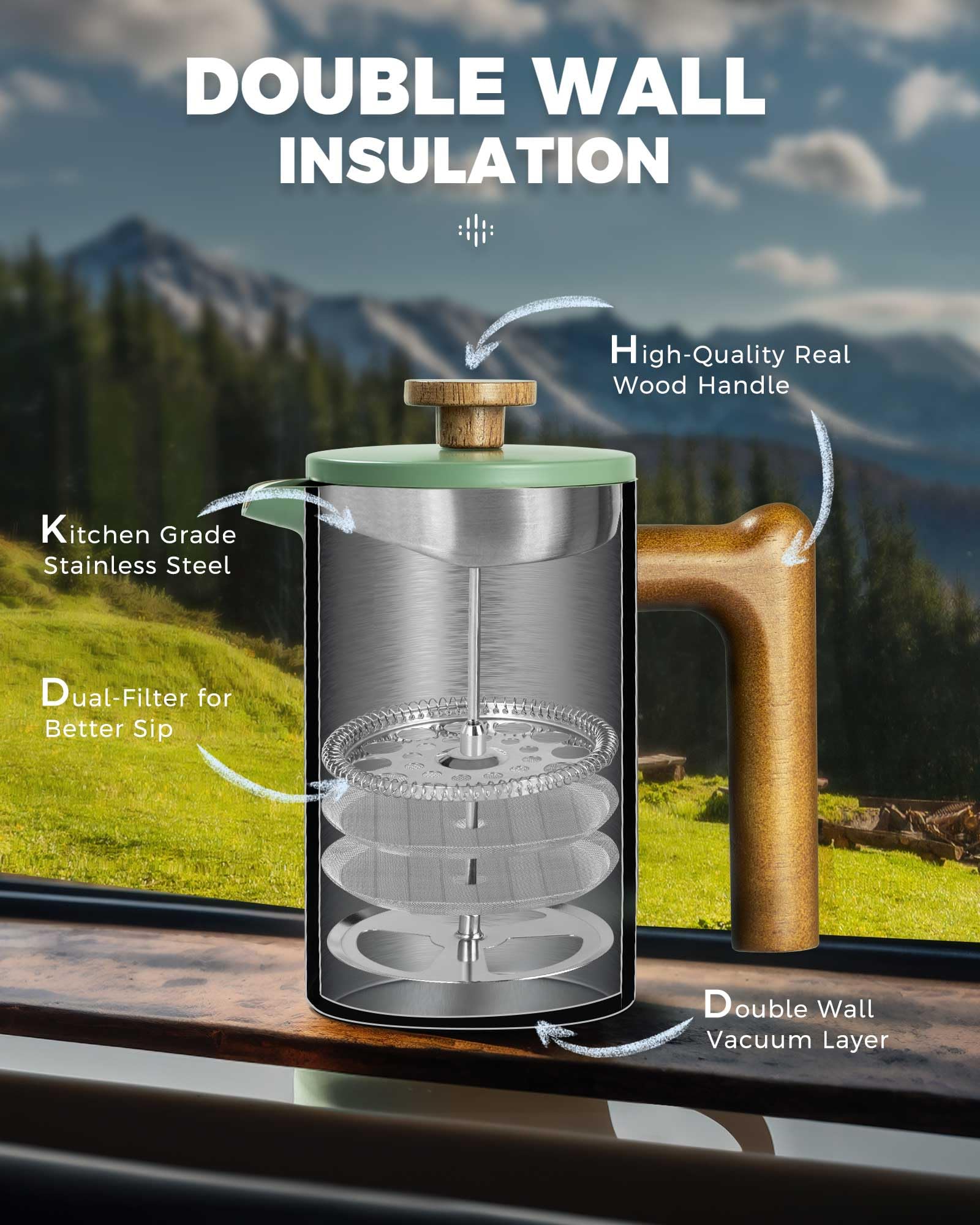 Poliviar French Press Coffee Maker – 600ml Insulated Stainless Steel