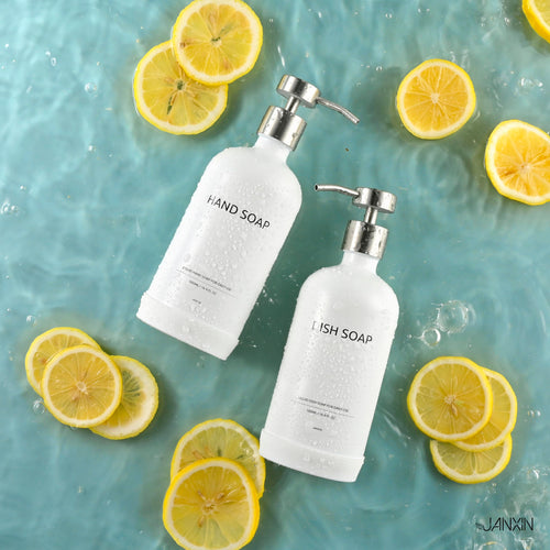 Janxin 2pcs Refillable Liquid Hand Jar Dispenser for Bathroom, Glass Soap Dispenser Bottle with Pump, 500ML, With Ceramic Tray - image 2