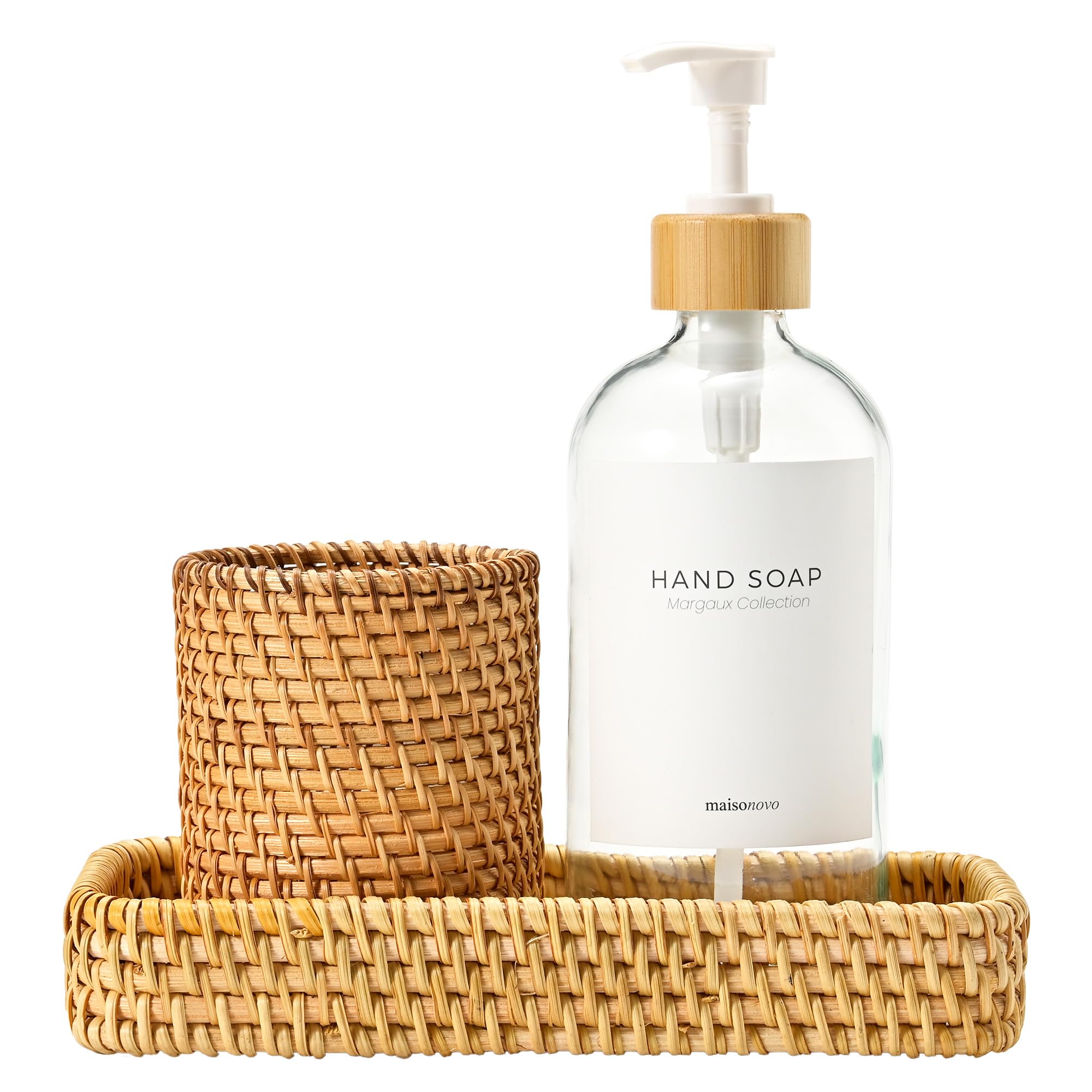 MaisoNovo Rattan Bathroom Set – 3-Piece Clear Dispenser & Vanity Tray