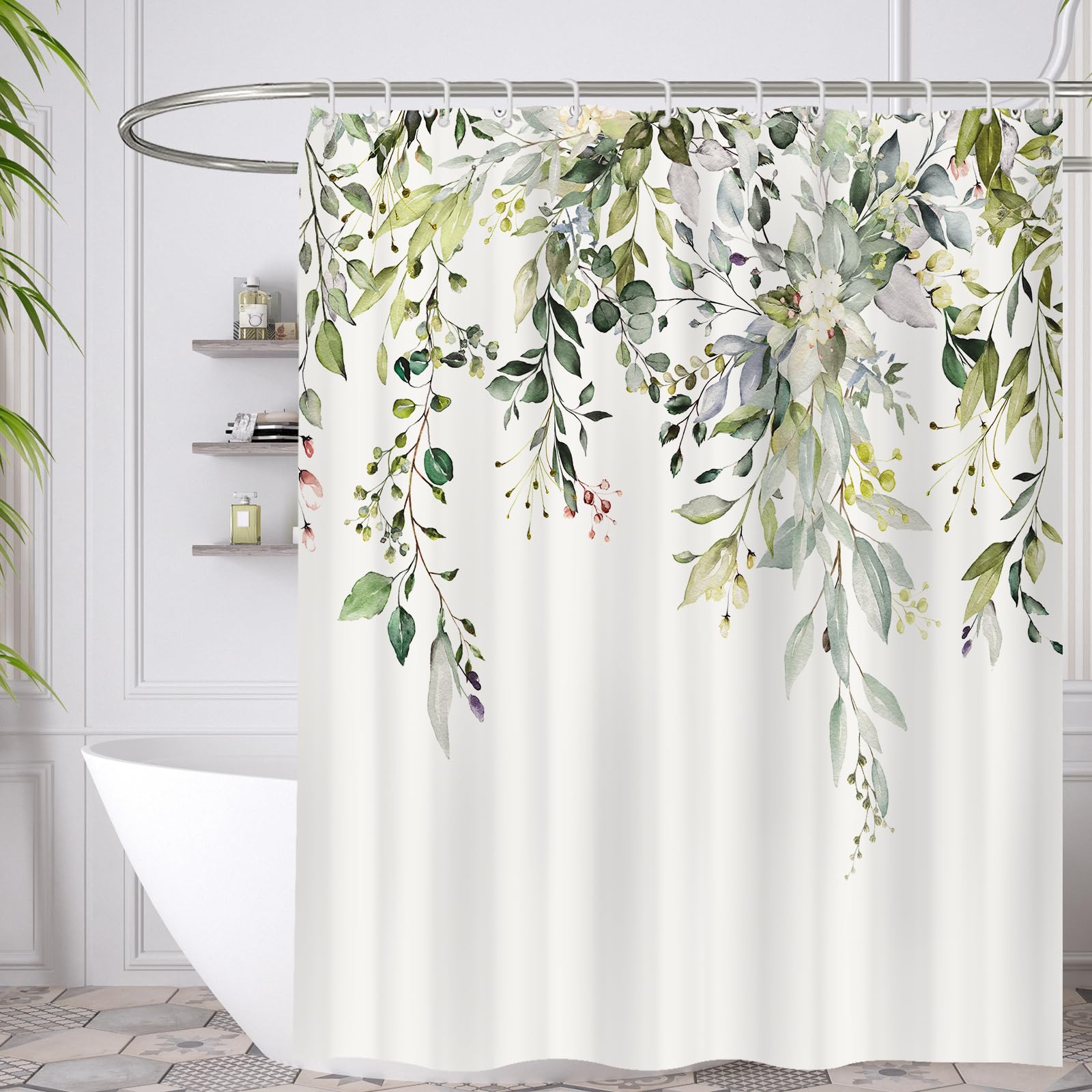 Minicoco Green Leaves Shower Curtain | Waterproof Polyester with 12 Hooks