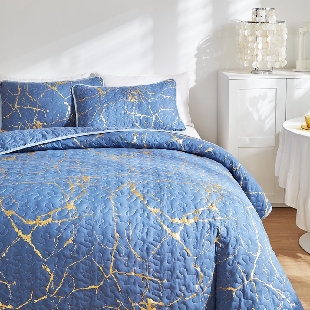HAVOP King Size Blue Gold Marble Quilted Bedspread Microfiber Bedding Set