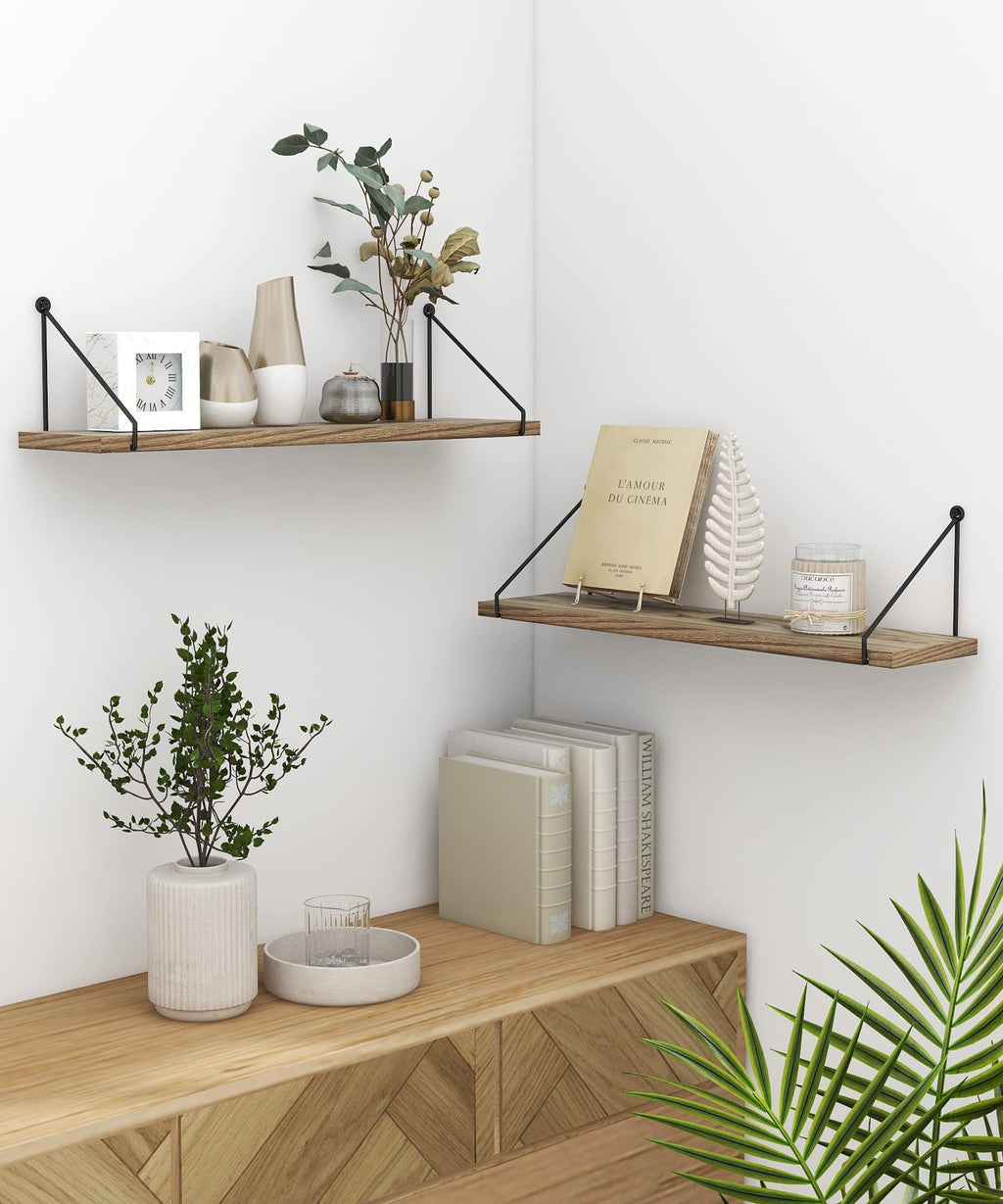 SUMGAR 60cm Rustic Wood Floating Shelves - Set of 2 Wall Storage Racks