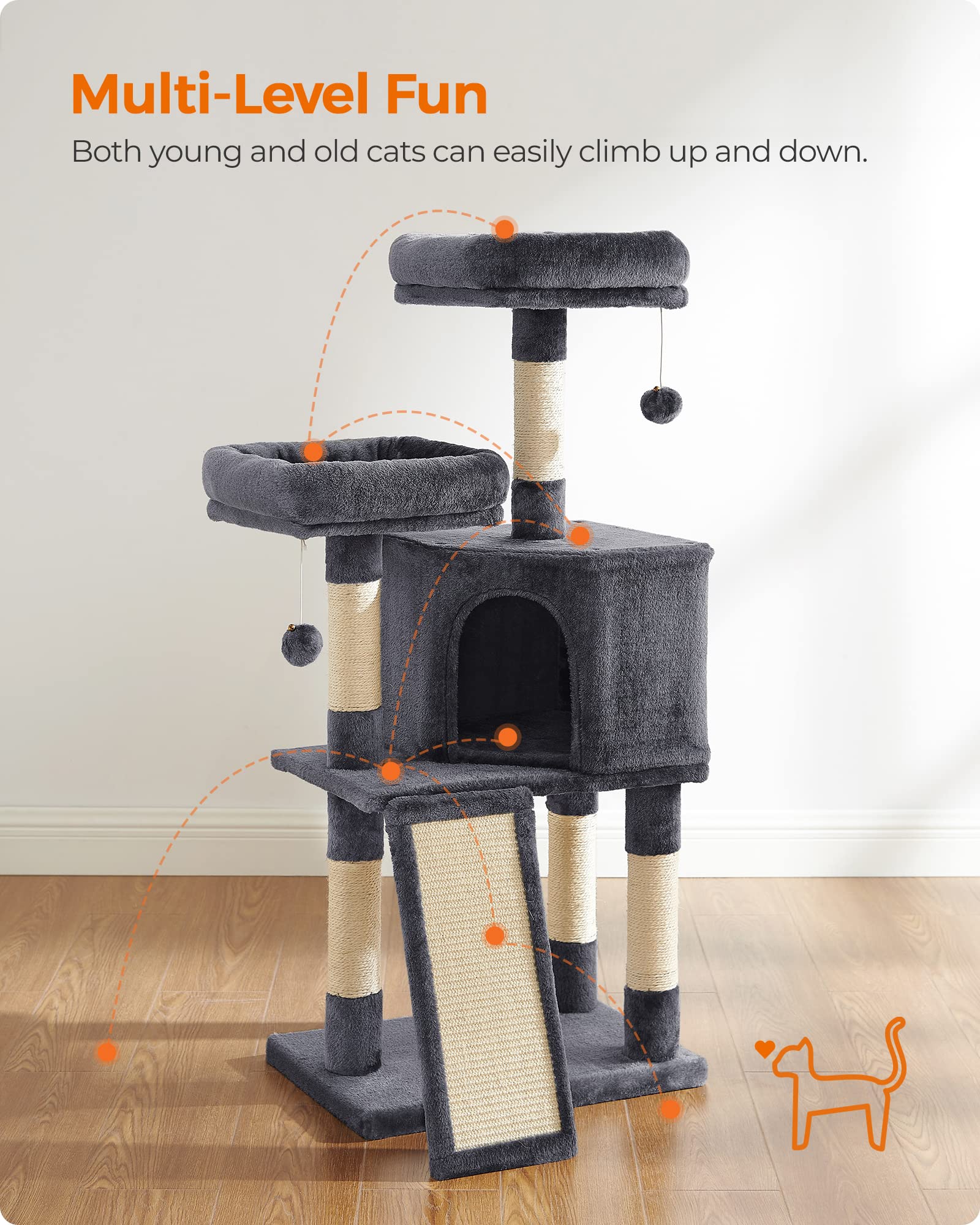 FEANDREA Cat Tree – 115cm Cat Condo with Scratching Ramp, Smoky Grey