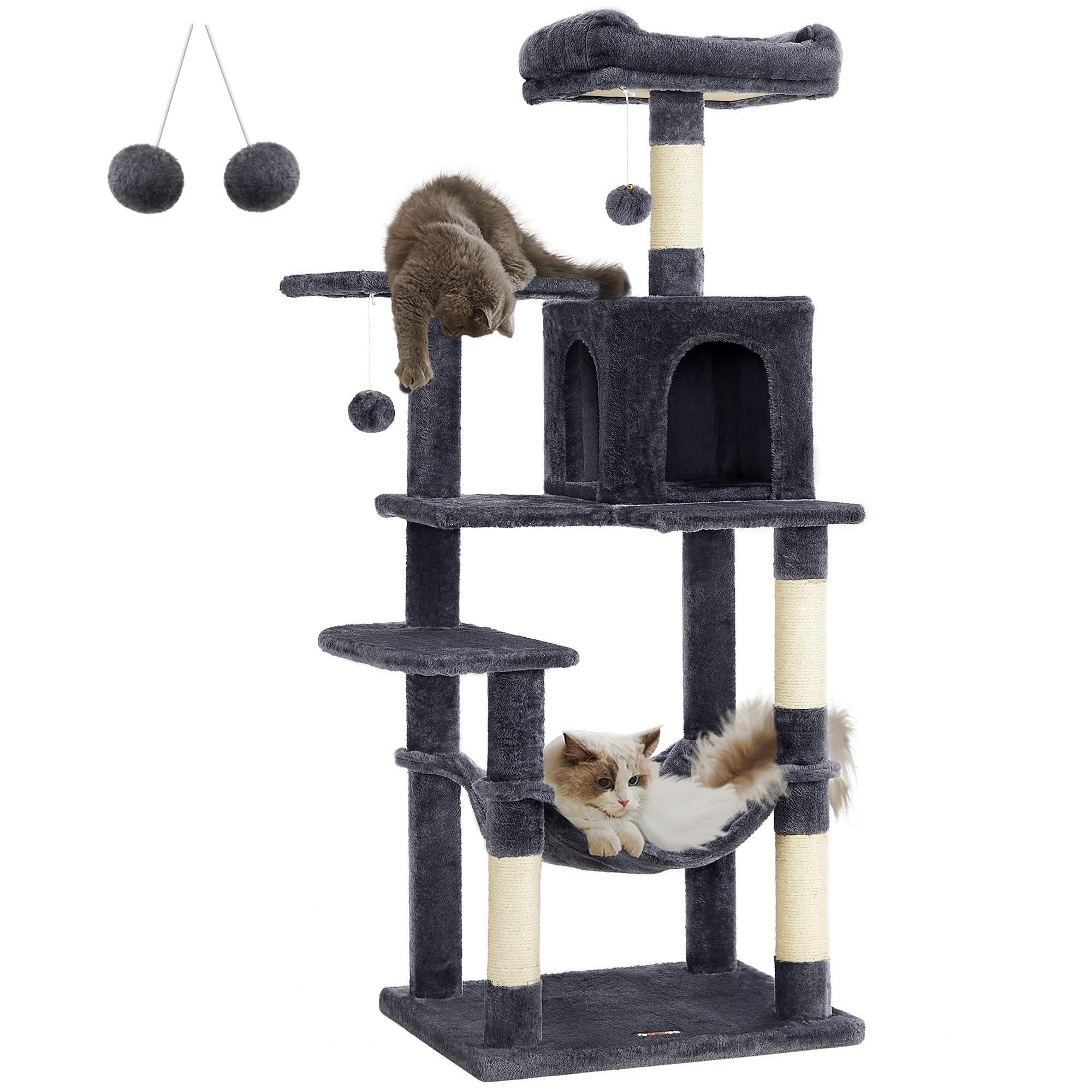 Feandrea 143cm Cat Tree | Multi-Level Plush Cat Tower with Condo & Hammock