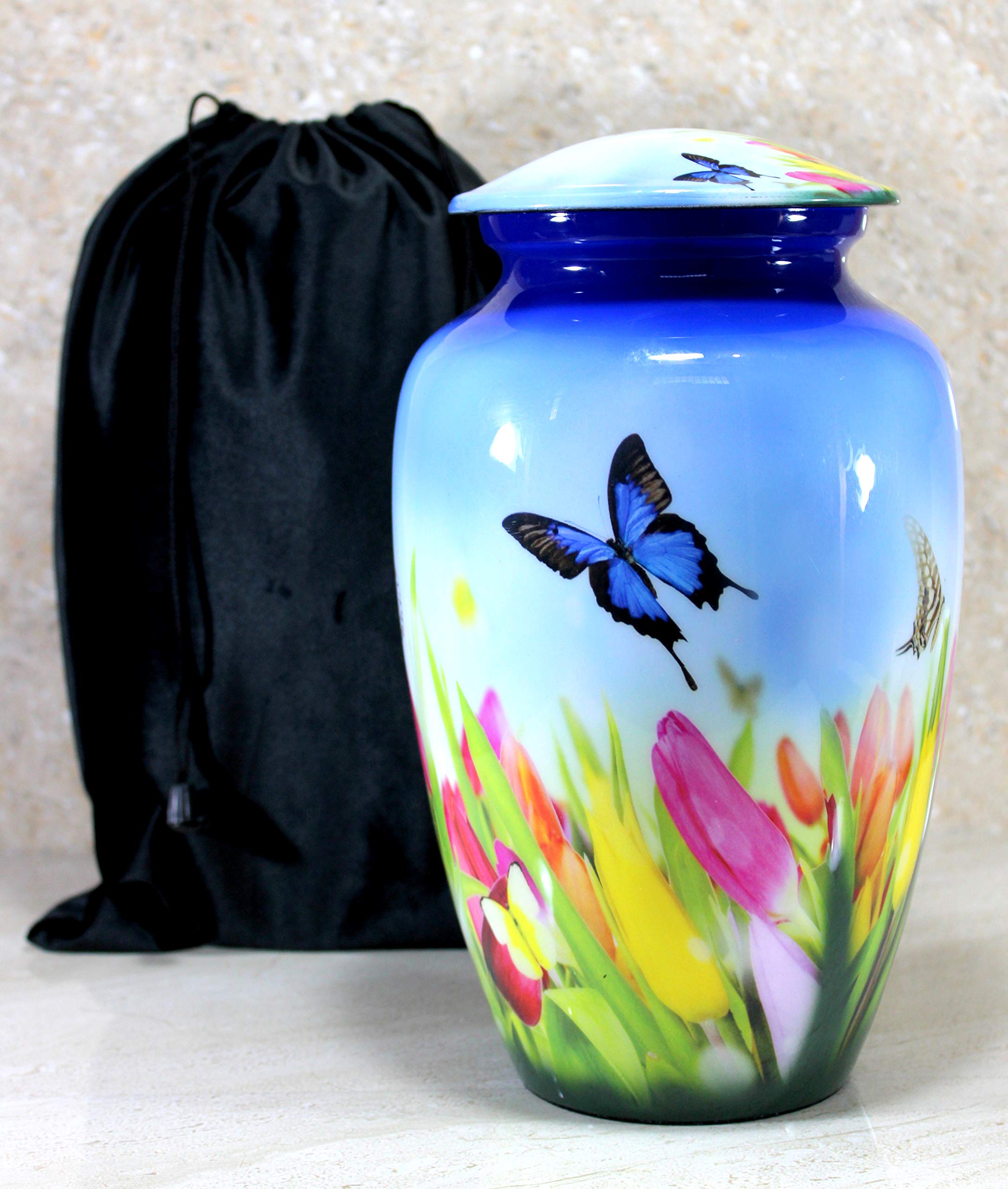 eSplanade Metal Cremation Urn - Blue Butterfly Memorial Jar for Ashes - 10"