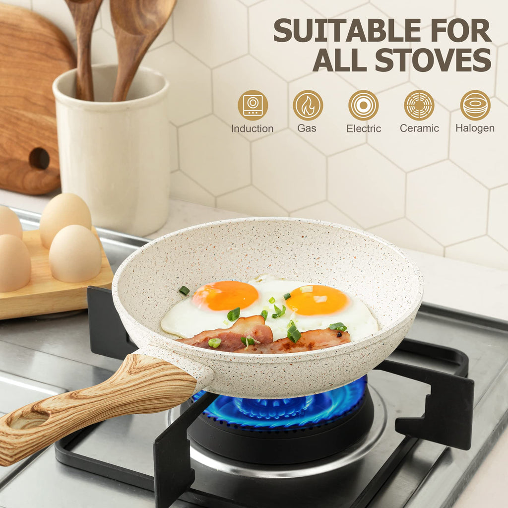 Michelangelo 26cm Nonstick Frying Pan with Lid | White Granite Stone