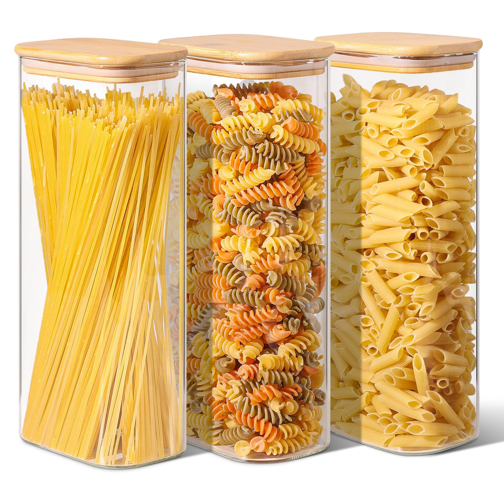 ComSaf 2100ml Rectangle Glass Food Storage Jars with Airtight Bamboo Lids