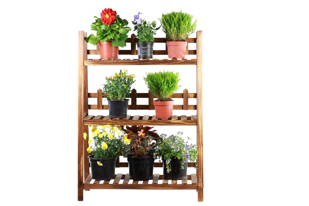 GOLDBEARUK 3-Tier Wooden Plant Ladder – Flower Steps with Trellis