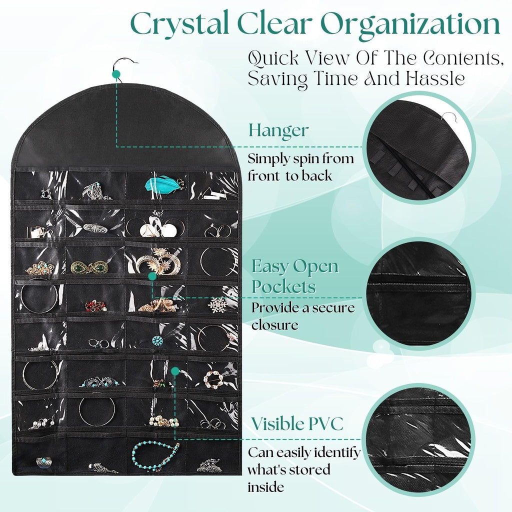 Flexzion Hanging Jewelry Organizer – 1 Pack Black 32 Clear Pockets & 18 Hooks & Loops