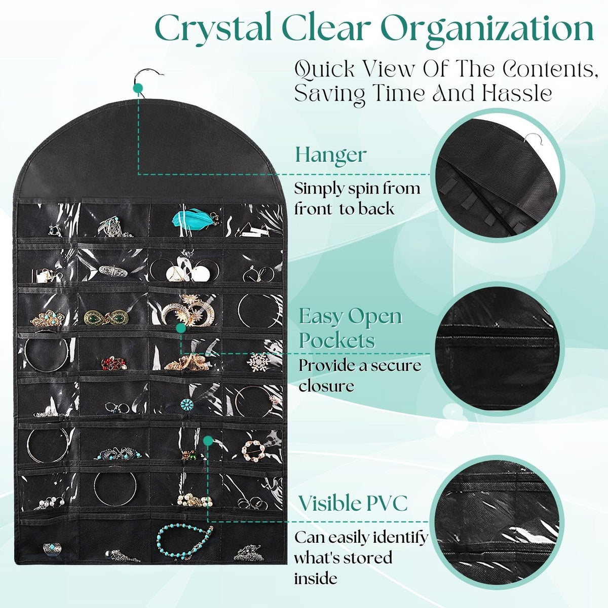 Flexzion Hanging Jewelry Organizer – 1 Pack Black 32 Clear Pockets & 18 Hooks & Loops