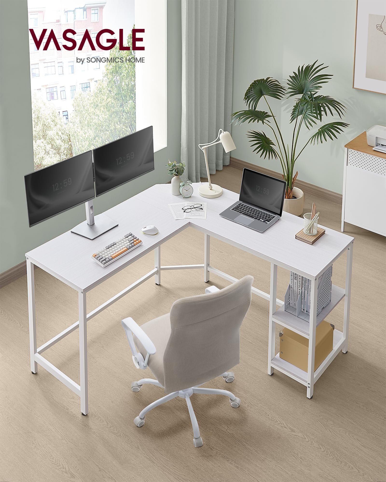 VASAGLE L-Shaped Computer Desk – 138cm Corner Gaming Workstation, White