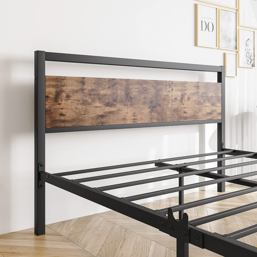 BOFENG Double Metal Platform Bed Frame with Wood Headboard | Heavy Duty