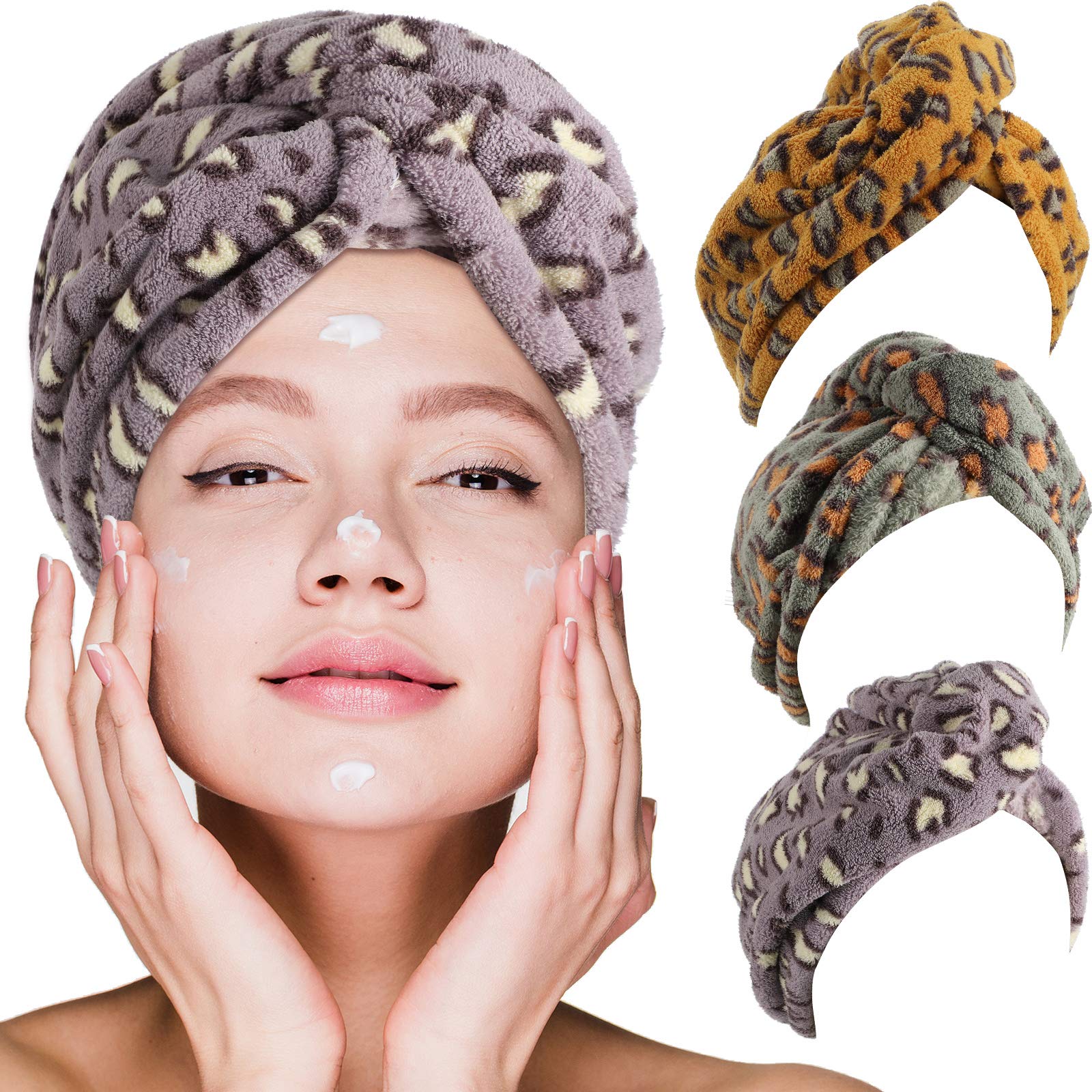 Geyoga Leopard Microfiber Hair Towel Wrap – 3-Pack Fast Drying Hair Turbans