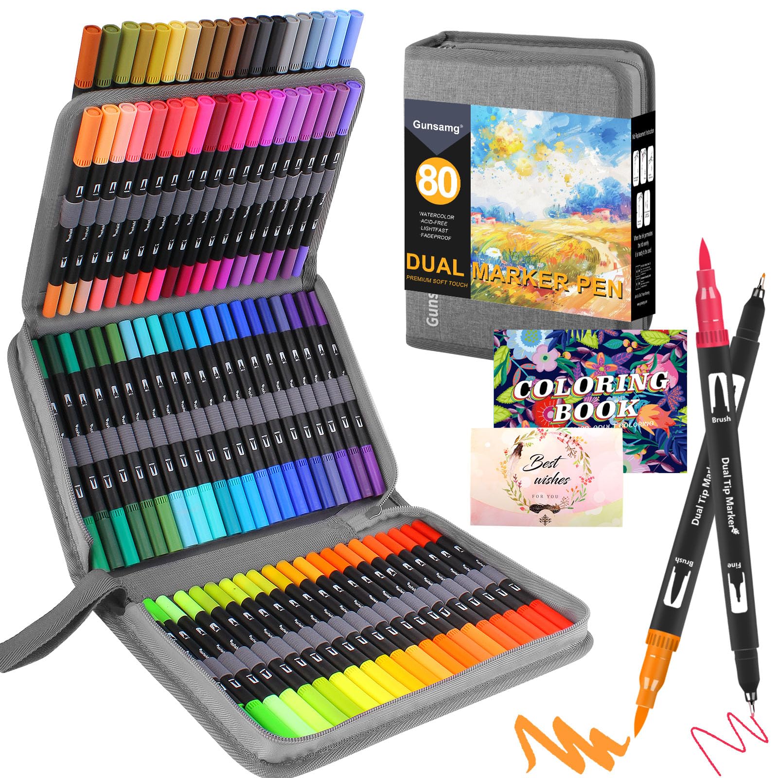 Gunsamg 80 Dual Tip Brush Pens – Felt Tip Markers for Adult Coloring