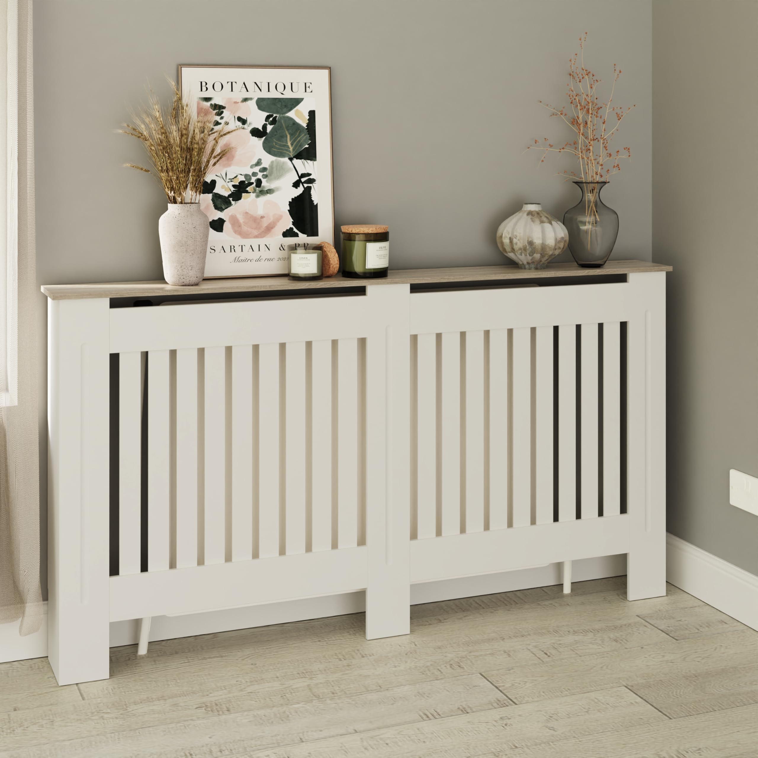 Longslow Large White Radiator Cover – Slatted Wood Shelf