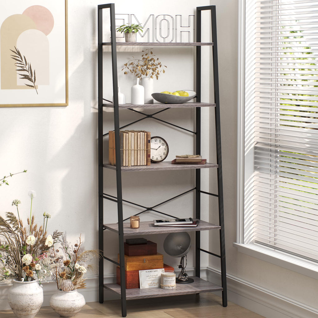 Yusong 5-Tier Industrial Ladder Shelf | Gray Oak Wood Bookcase