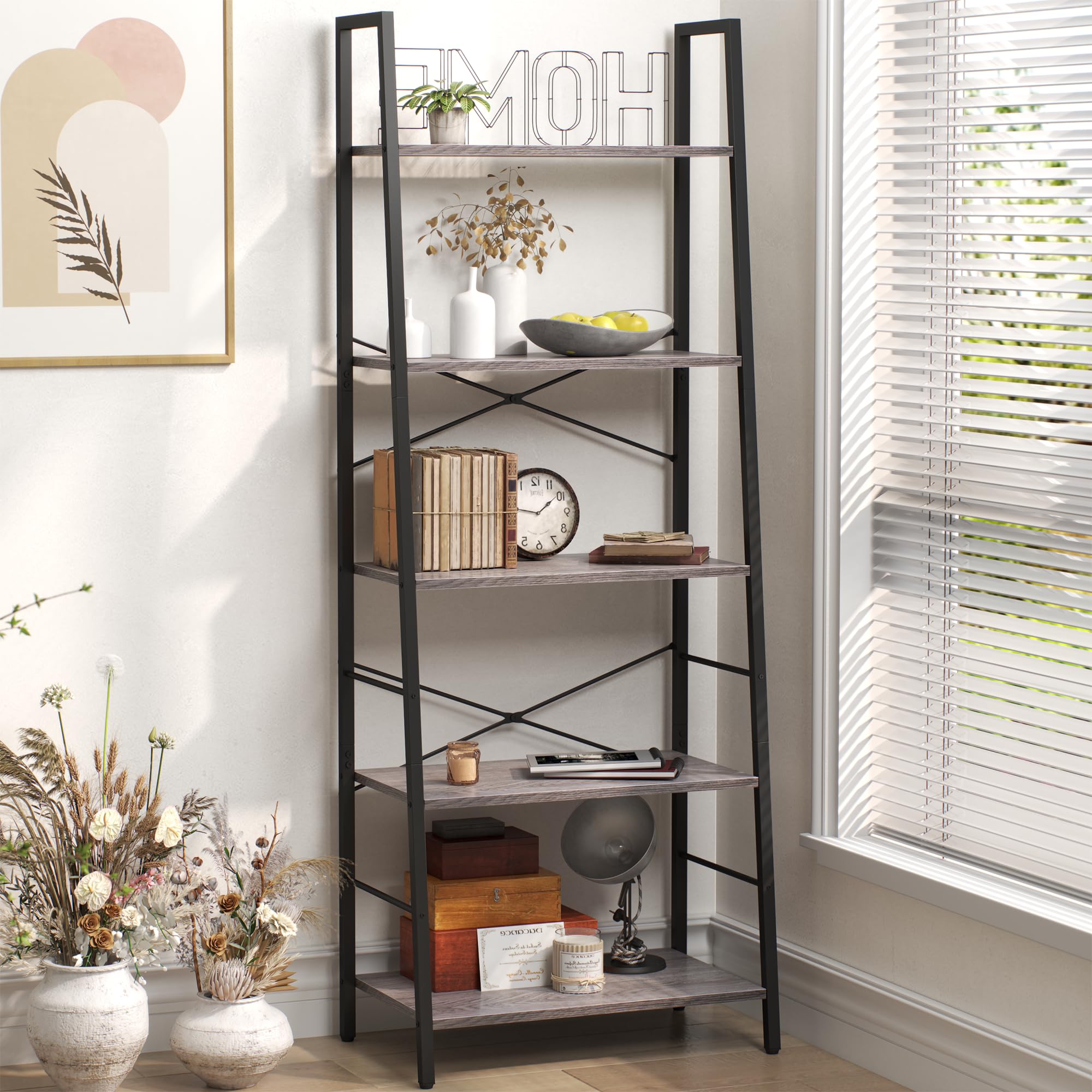 Yusong 5-Tier Industrial Ladder Shelf | Gray Oak Wood Bookcase
