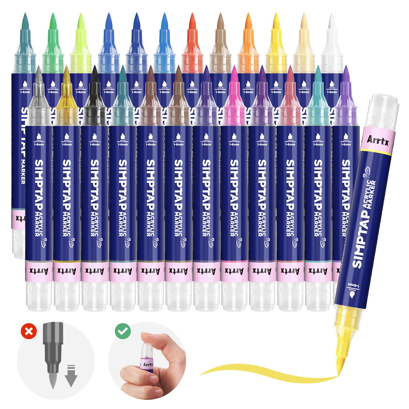 Arrtx 24 Color Acrylic Paint Pens | Top Valve Action Brush Tip Markers