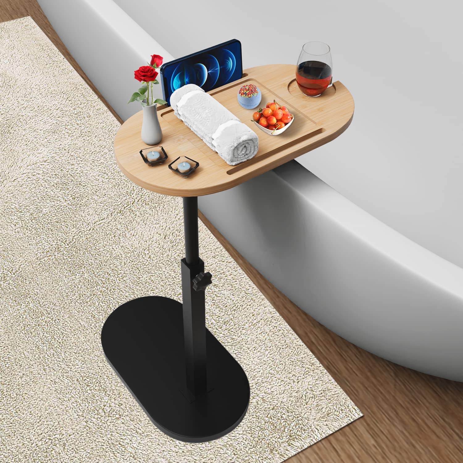 Bamboo Bathtub Tray Table | Adjustable Height Bedside Desk