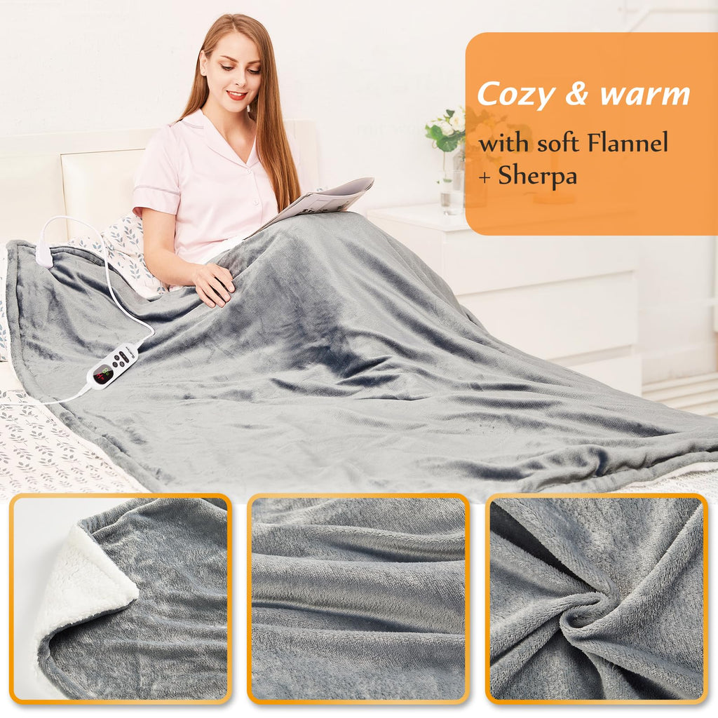 Mia&Coco Electric Heated Blanket – Flannel Sherpa Throw, 10 Heat Levels