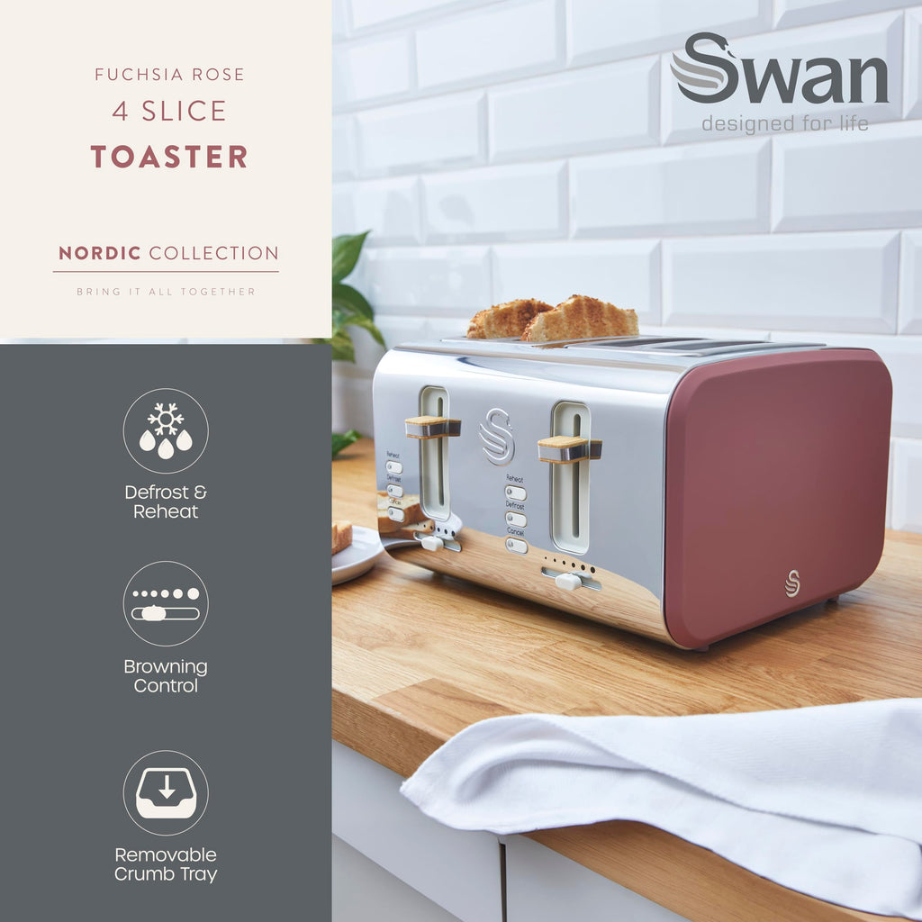 Swan Nordic 4 Slice Toaster – 1500W with 6 Browning Levels, Fuchsia Rose