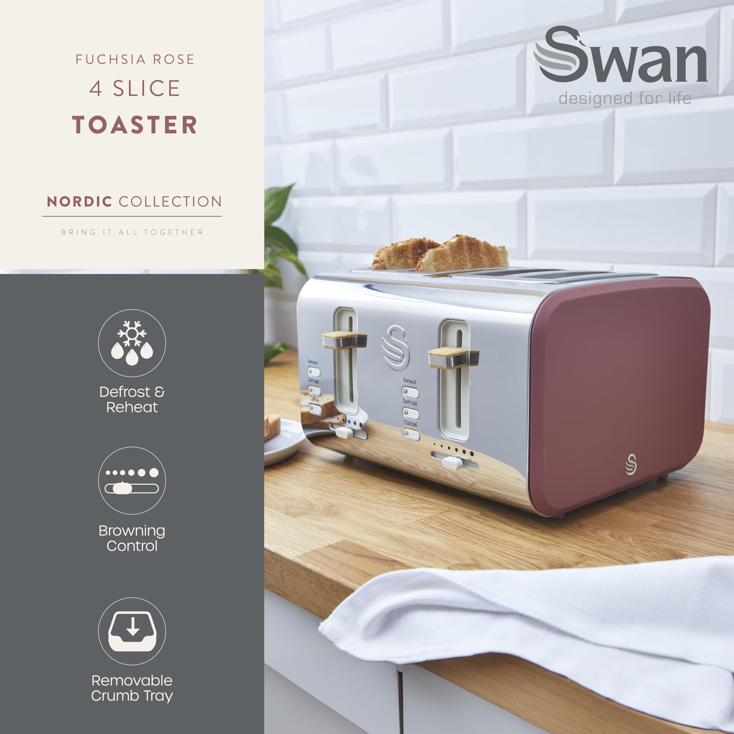 Swan Nordic 4 Slice Toaster – 1500W with 6 Browning Levels, Fuchsia Rose