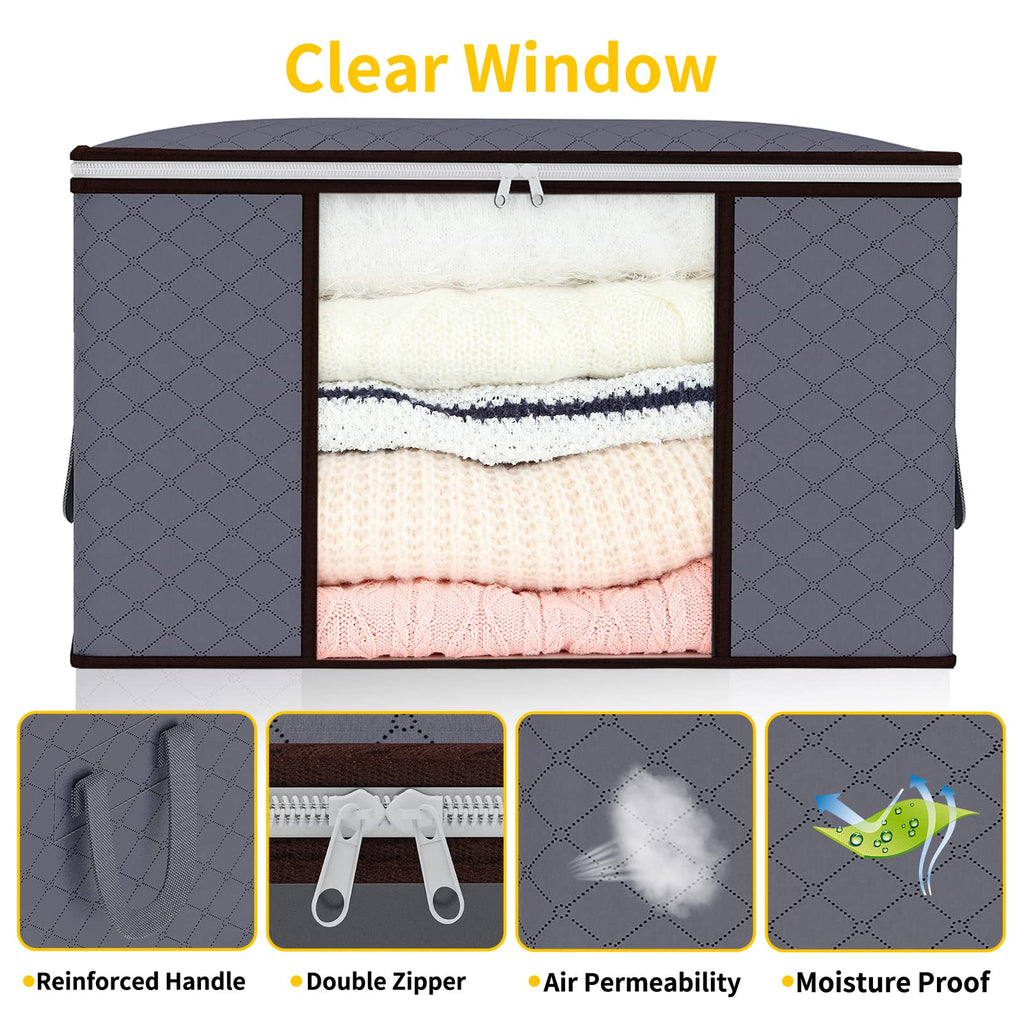 90L Storage Bags with Lid and Zips,3 Pack Foldable Storage Box with Reinforced Handle Thick Fabric Clear Window for Clothing Bedding Blankets, Grey - image 3