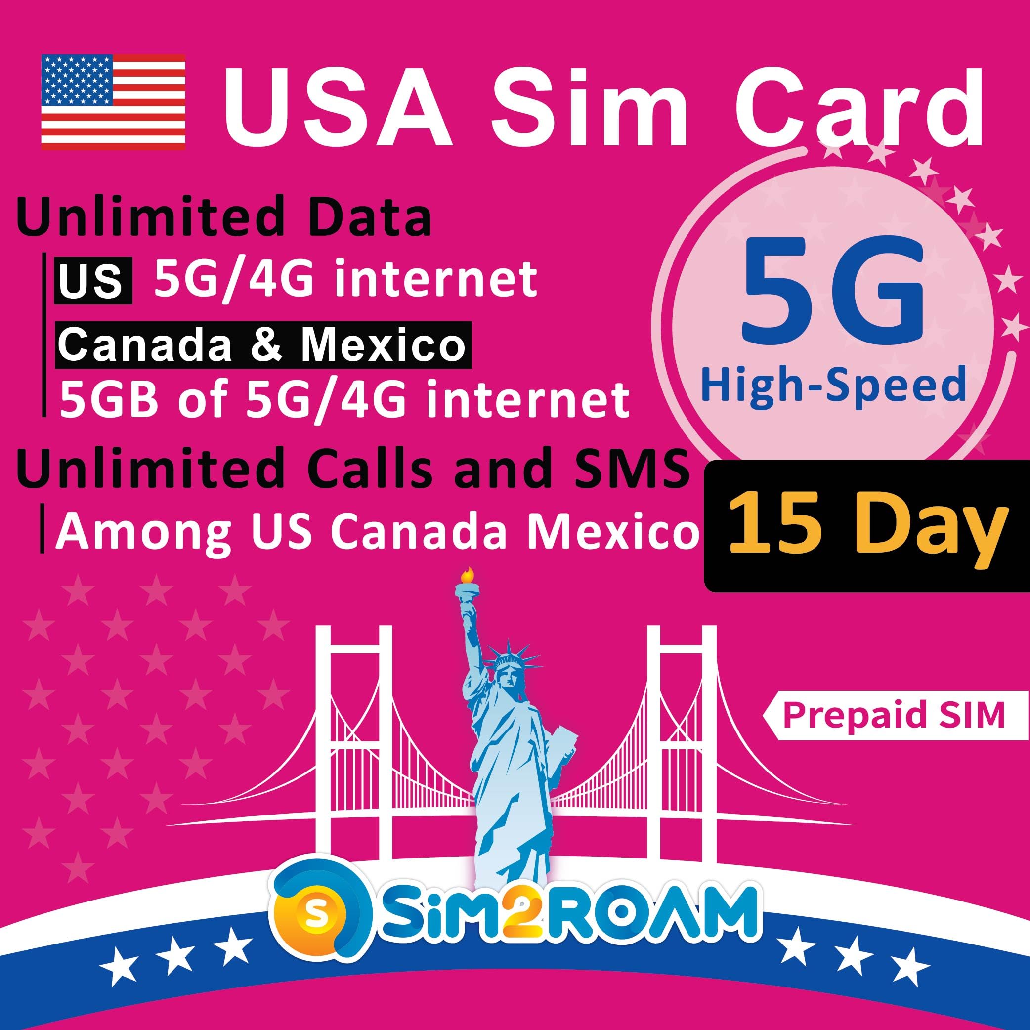 SIM2ROAM USA Prepaid SIM Card | Unlimited 5G Data, Calls & Texts - 15 Days