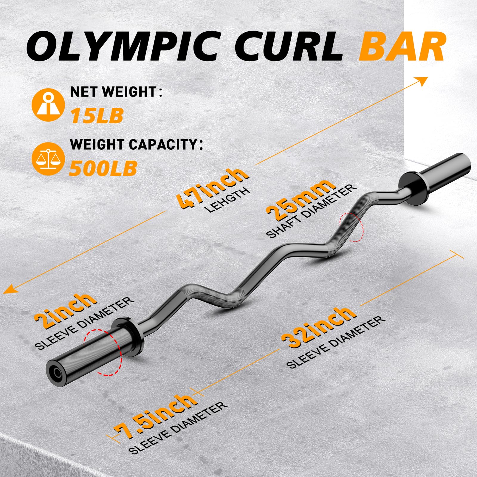 47" Olympic EZ Curl Bar | 500lb Capacity Chrome Steel Barbell