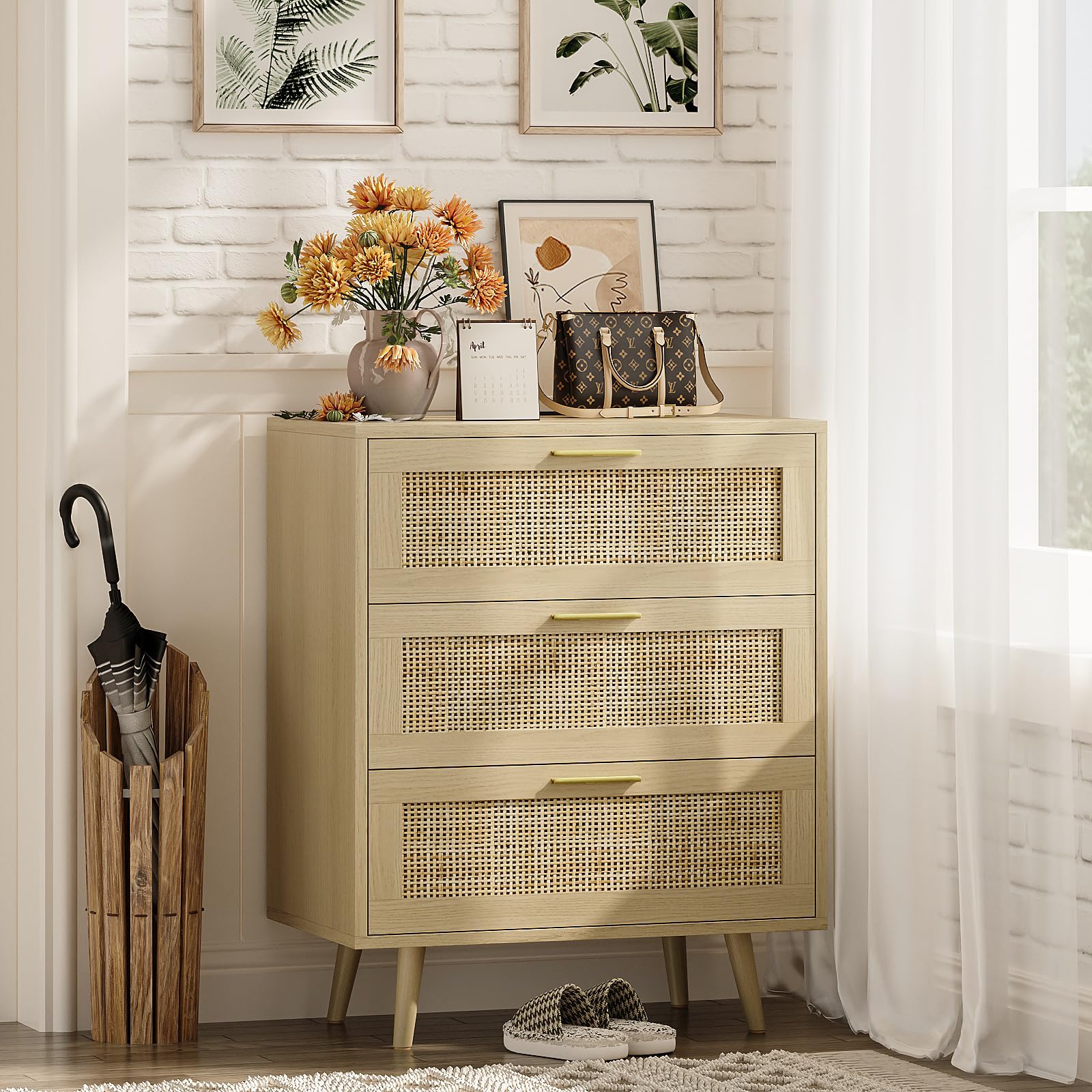 Trironsun 3 Drawer Rattan Dresser – Boho Wood Chest of Drawers