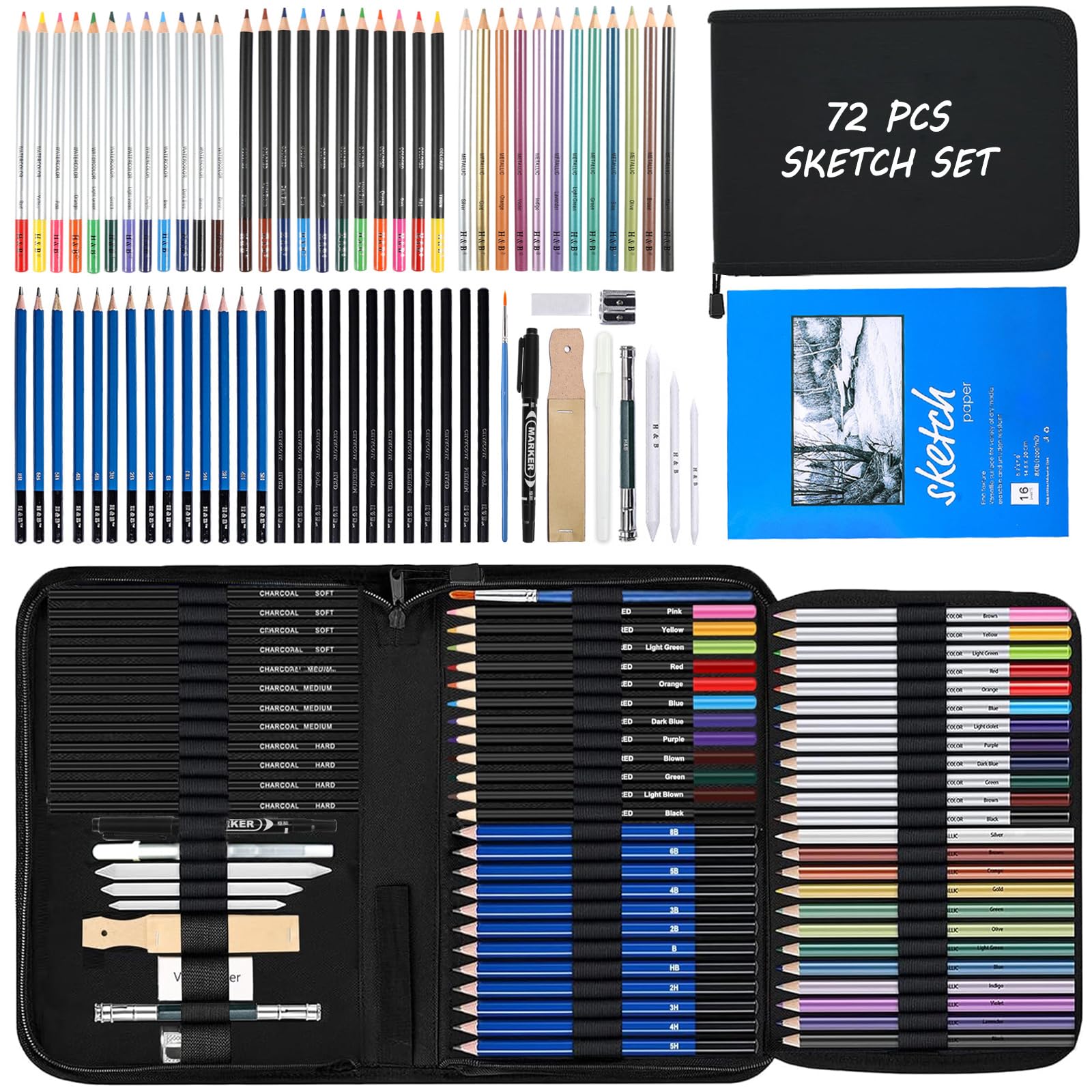 72-Piece Drawing Sketching Kit with Sketchbook and Case