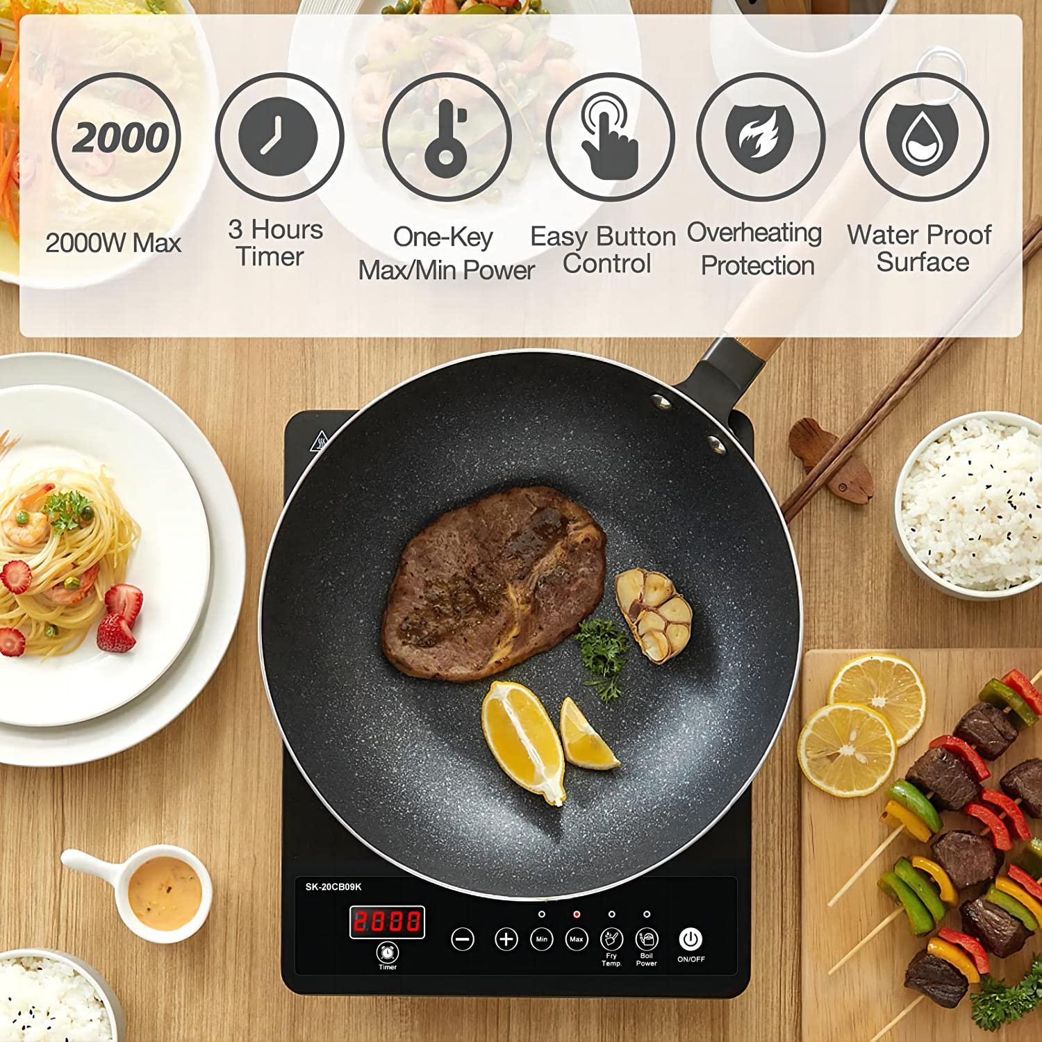 AMZCHEF Single Portable Induction Hob | 2000W Black Frosted Glass Cooker