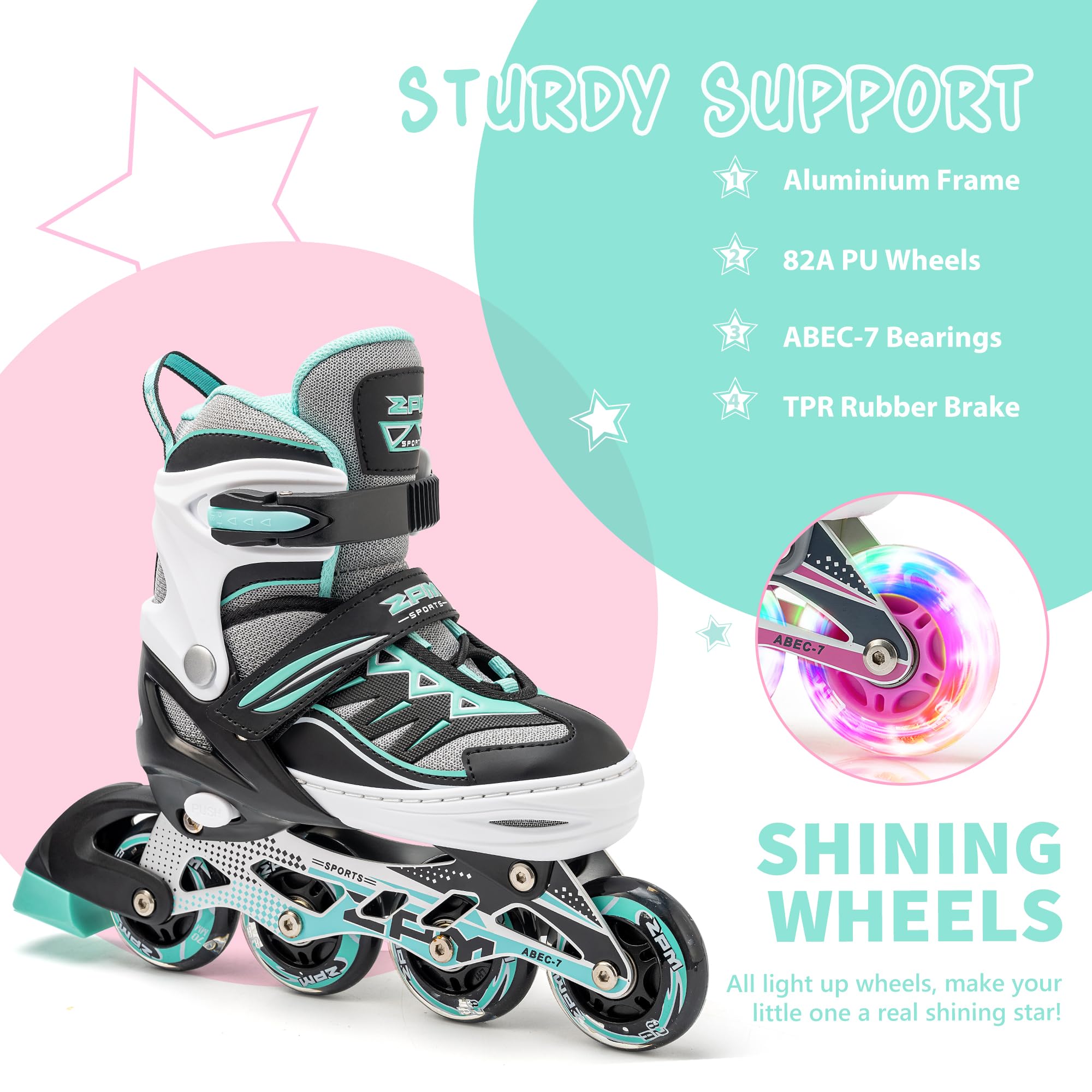 2pm Sports Light up Inline Skates - Adjustable Beginner Skates, Mint