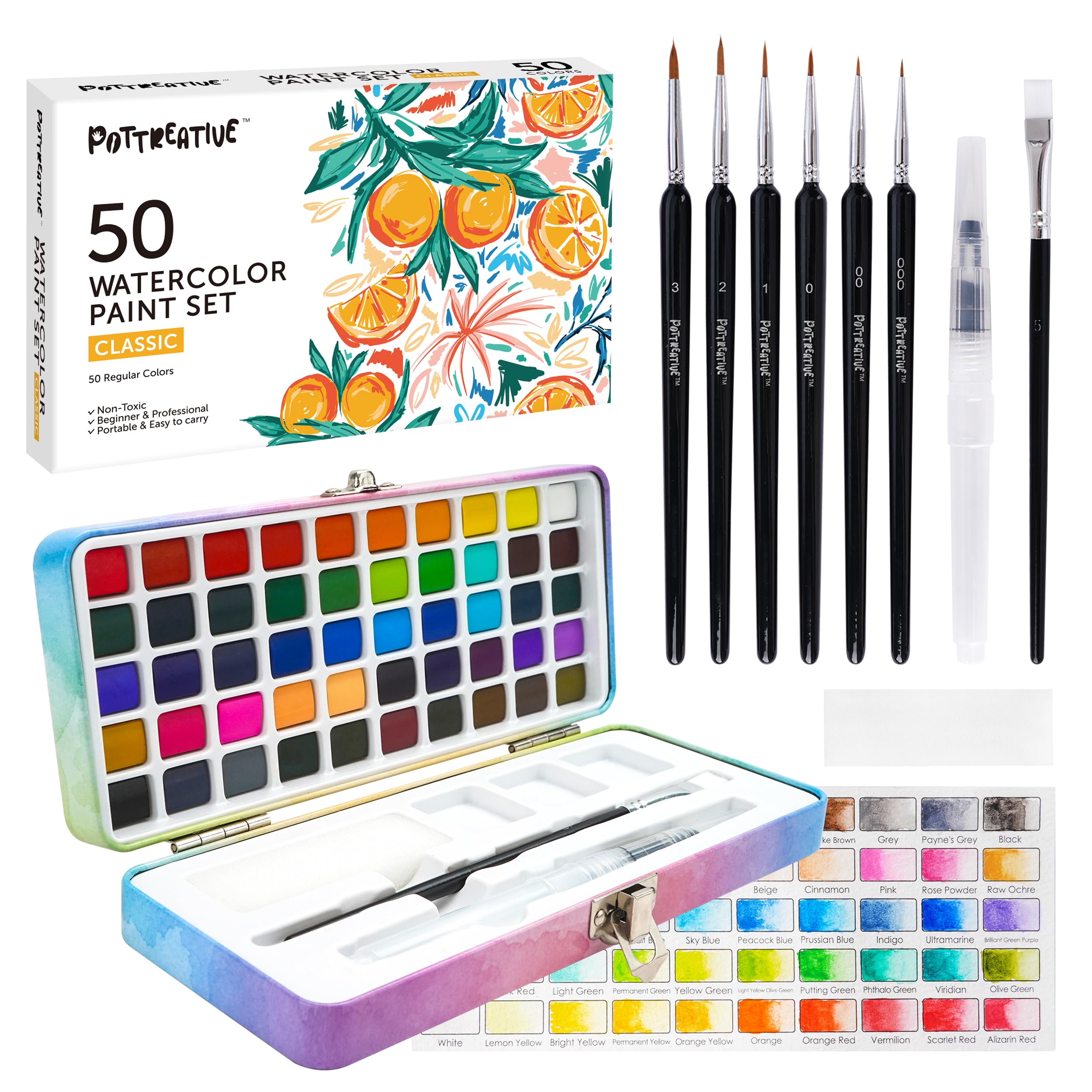 POTTREATIVE 50 Color Watercolor Paint Set | Non-Toxic Travel Art Kit